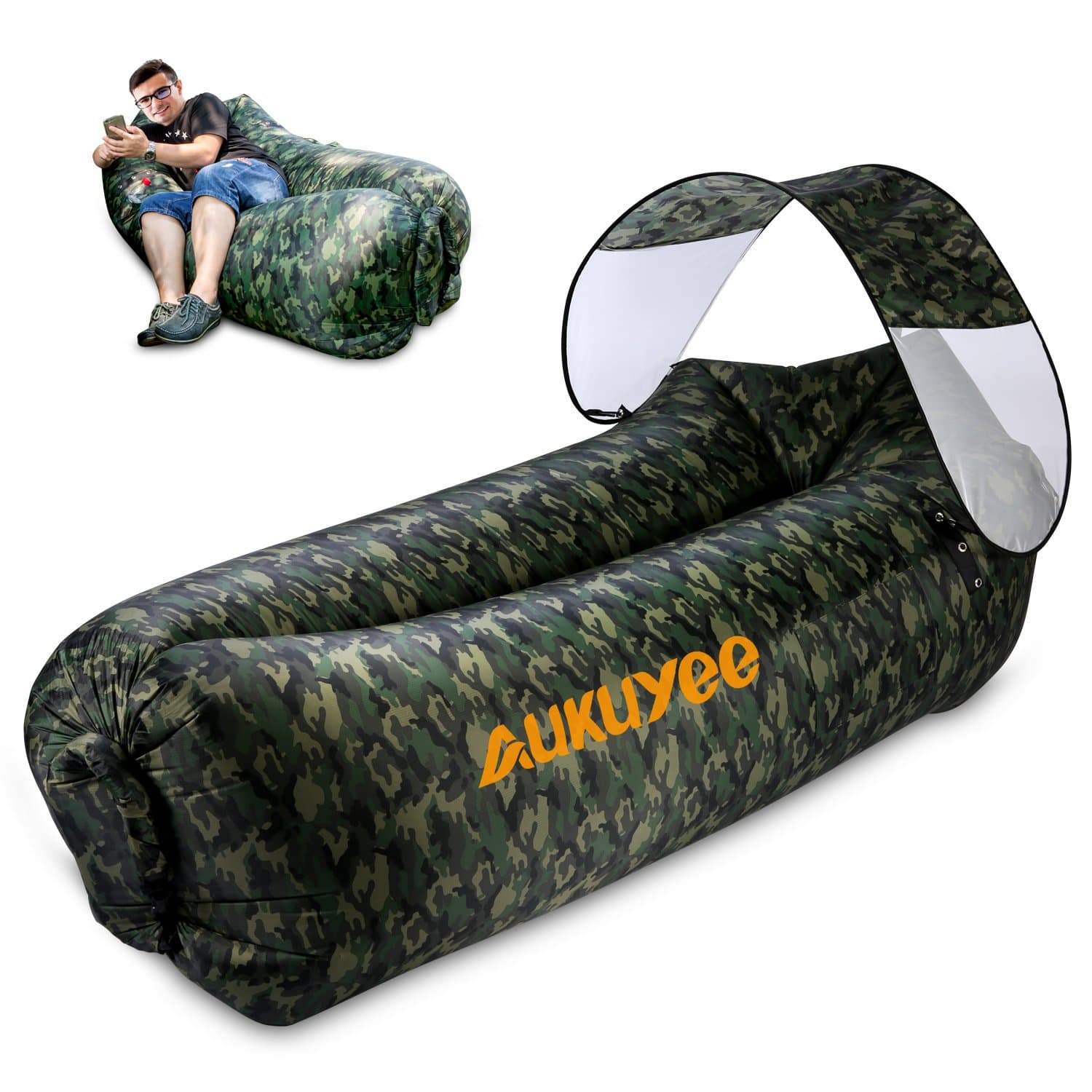 AUKUYEE Inflatable Lounger, Air Sofa Hammock Inflatable Chair Pool Float Ship with Carry Bag & Removable Sun Canopy for Travelling, Camping, Hiking, Pool & Beach Parties