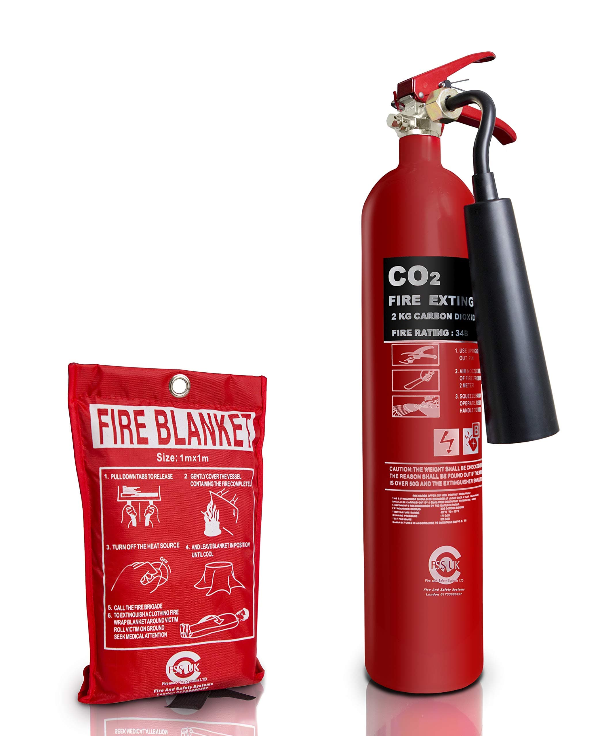Premium FSS UK 2 KG CO2 FIRE Extinguisher with FIRE Blanket. BSI KITEMARKED with 5 Year Warranty. Ideal for Homes Kitchen Workplace Offices WORKSHOPS Warehouses GARAGES Hotels Restaurants 'Co2+B