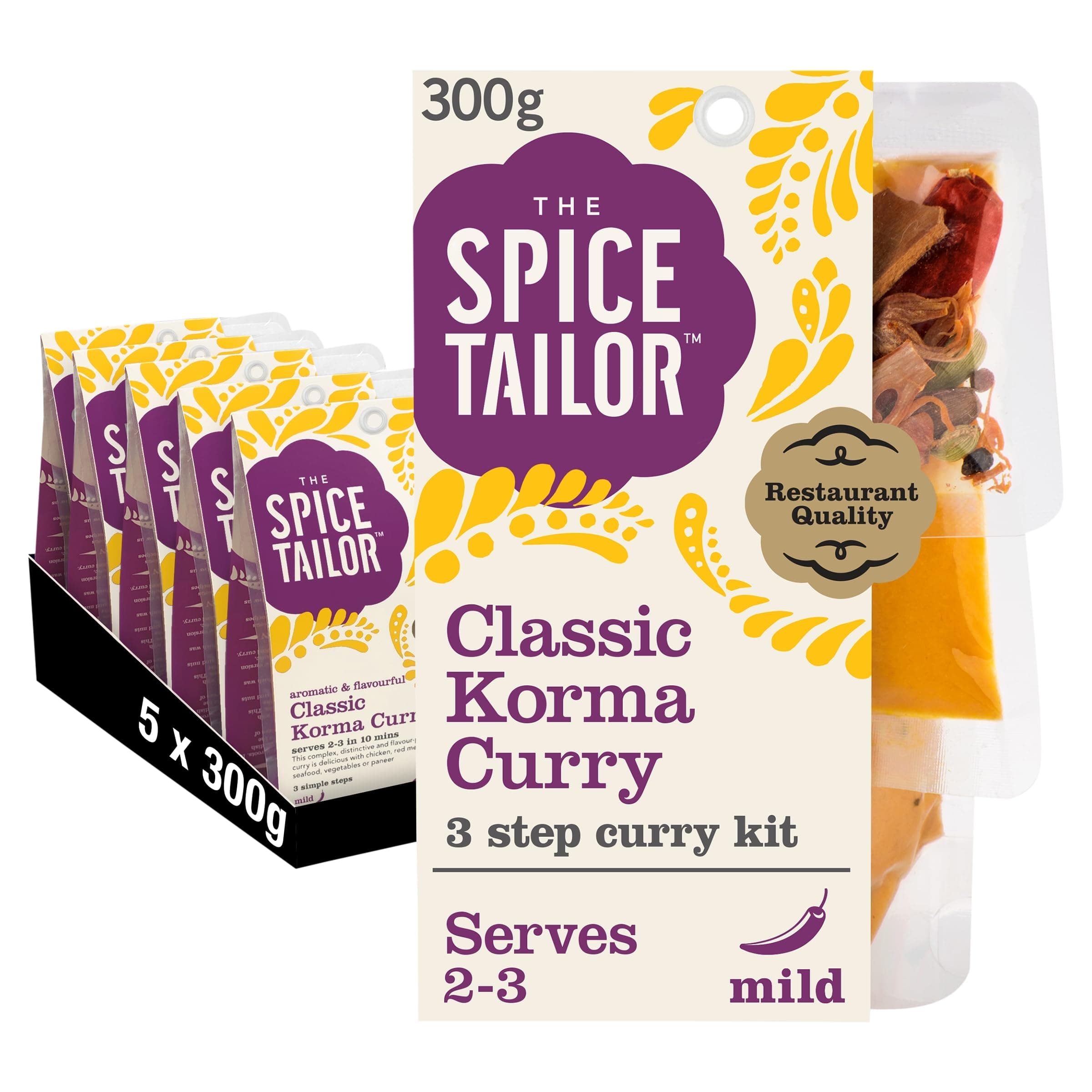 The Spice Tailor – Classic Korma Curry, Indian Curry Sauce Meal Kit, Serves 2-3, Pack of 5, Includes Base & Main Sauce and Spices, Mild, Vegetarian
