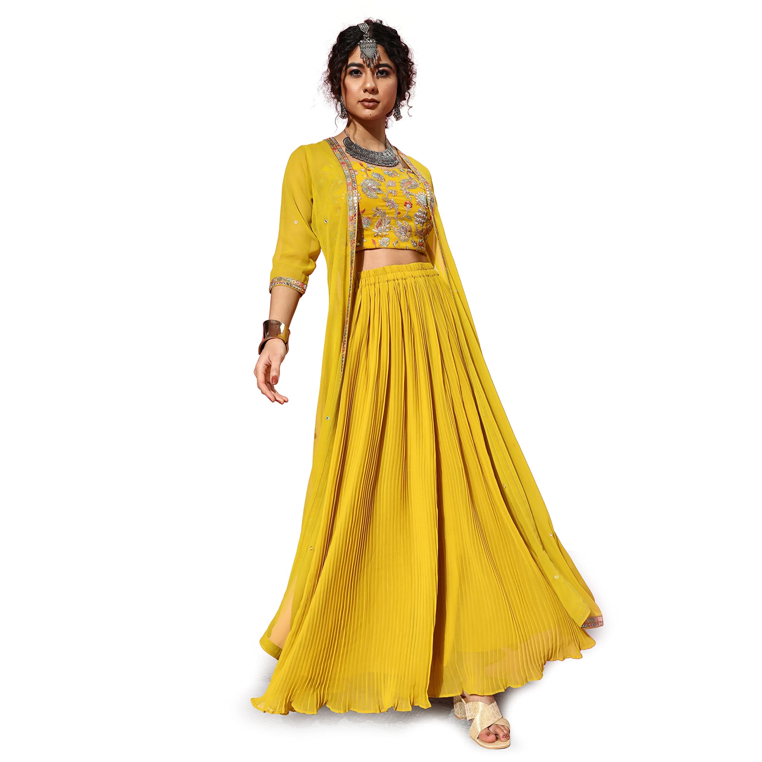 Georgette Sequence Embroidered Top with Flared Pleated Palazzo and Strug, Lemon Green, 3XL