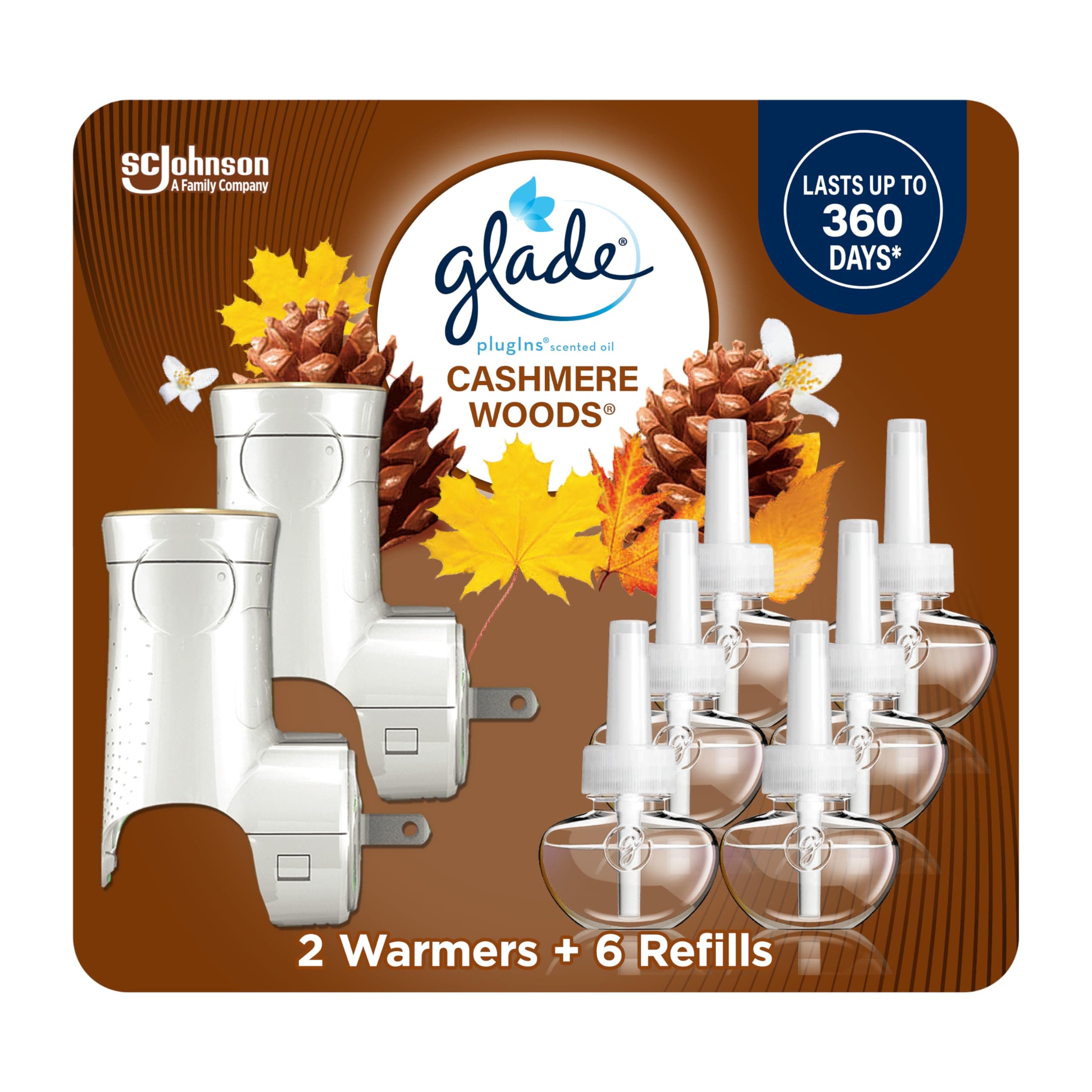 Glade PlugIns Air Freshener Starter Kit, Scented and Essential Oils for Home and Bathroom, Cashmere Woods, 4.02 Fl Oz, 2 Warmers and 6 Refills