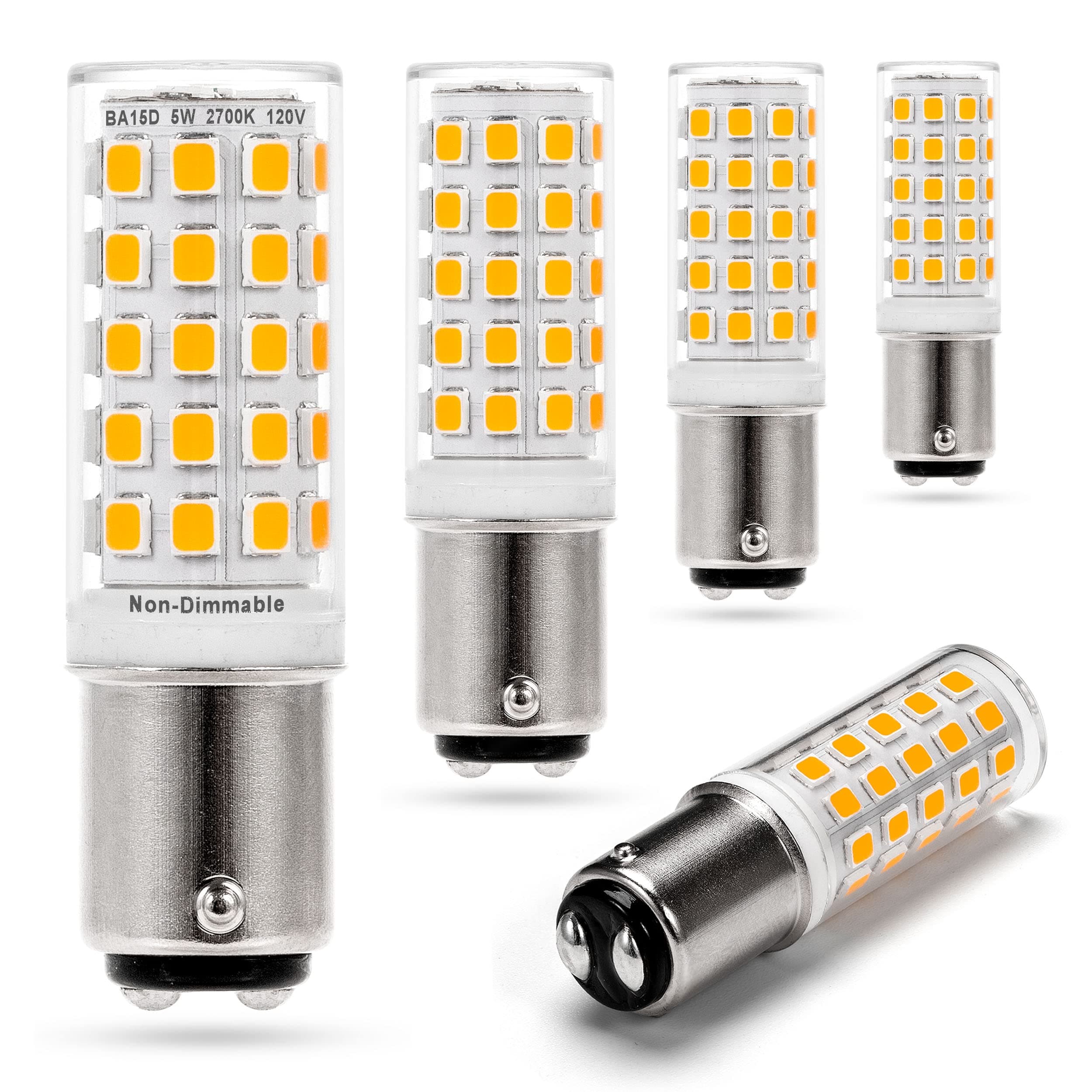 BA15D 120 Volt Double Contact/DC Bayonet Base Led Light Bulbs 50 Watt-75 Watt Replacement, T3/T4/C7/S6, 2700K Soft Warm White BA15D 5W Led Sewing Machine Bulbs, Non-dimmable, 5Pack