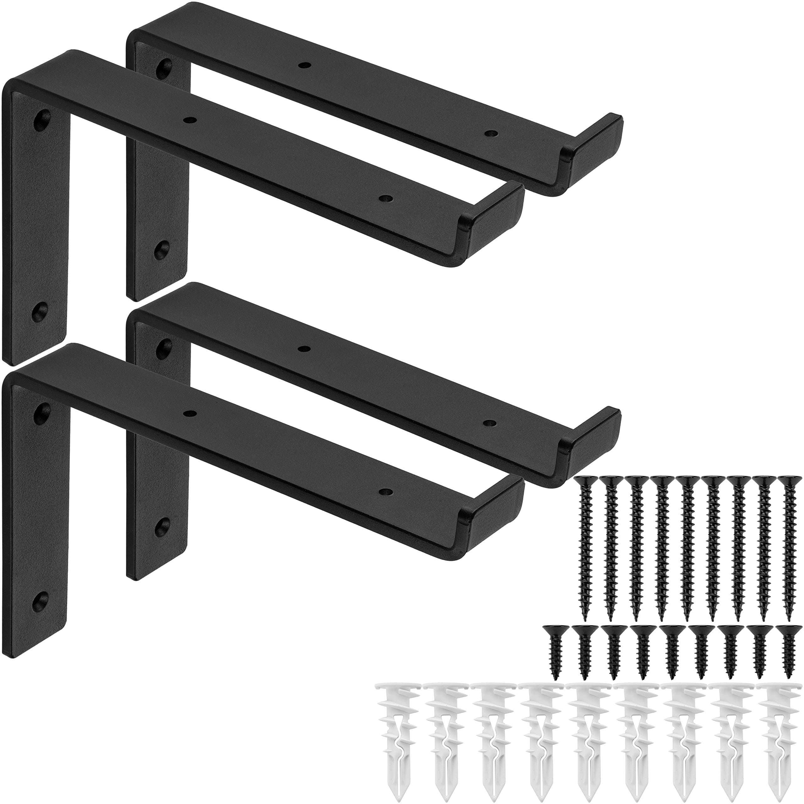 Premium Heavy-Duty Shelf Brackets - Quarter Inch (1/4") Thick - Rustic Industrial Modern Farmhouse Black Iron Finish Open Shelving Holder Hanger w/ Hardware, 4-PK (L Bracket w/ Lip, 9.25" x 6")