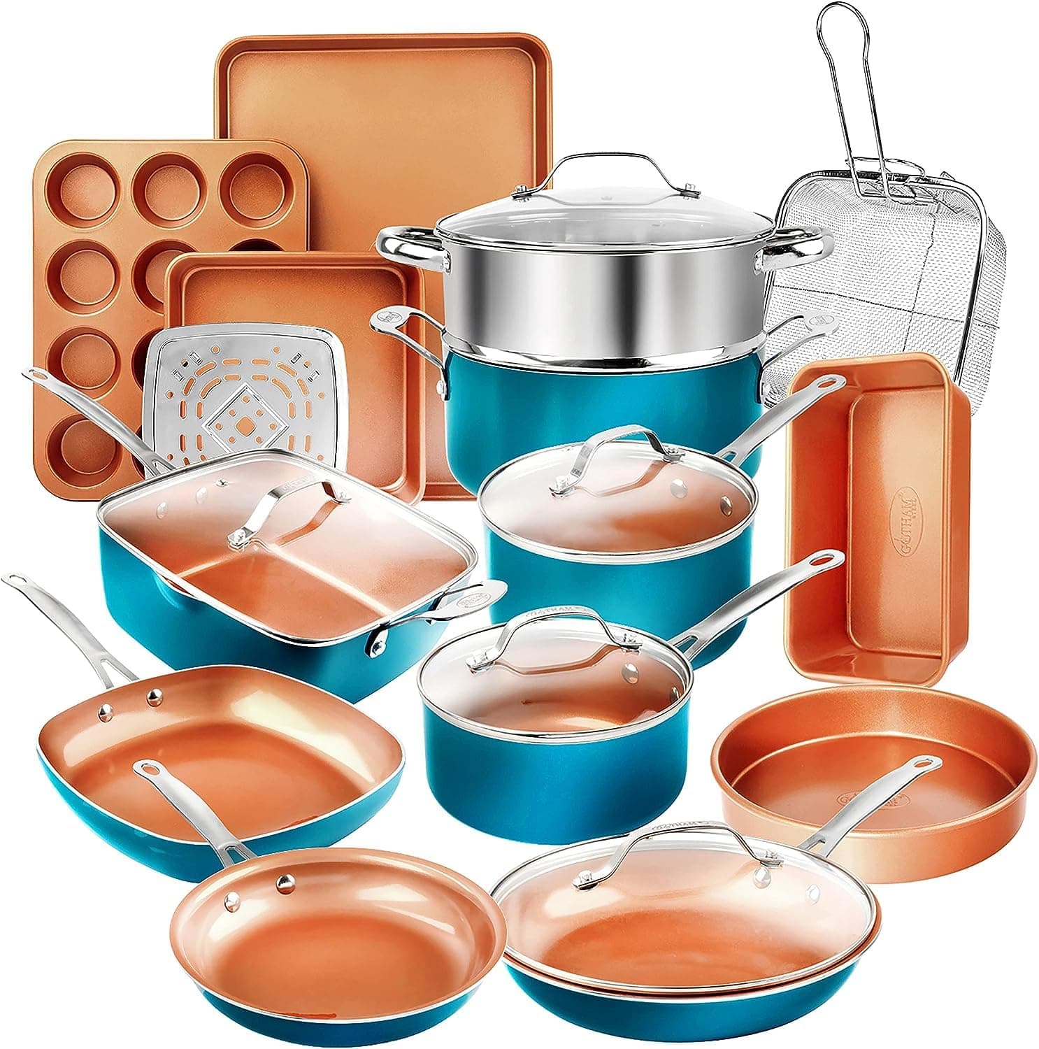 20 Piece Copper Pots and Pans Set Nonstick Cookware & Ceramic Bakeware Set, PFOA PFOS Free, Dishwasher/Oven Safe, Metal Utensil Safe – Turquoise