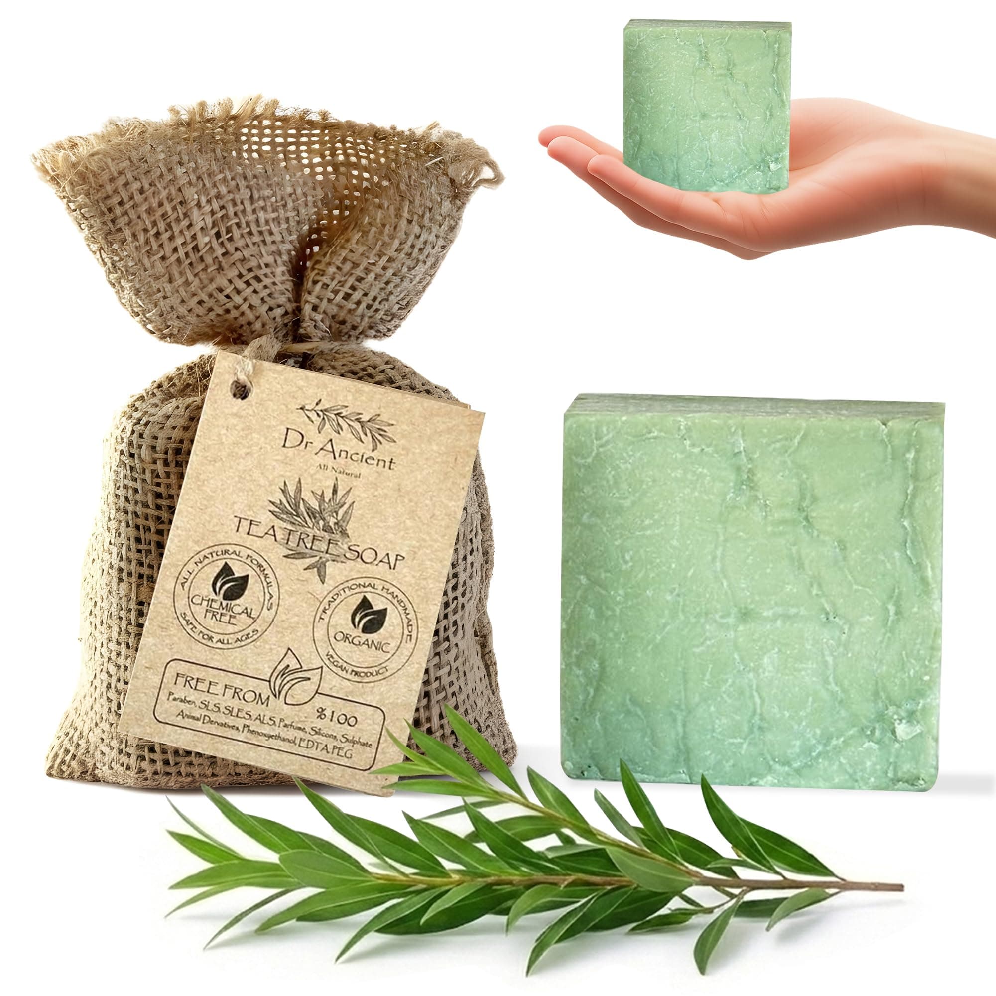 Dr.Ancient Tea Tree Soap Bar, Organic Soap Bars Handcrafted the Traditional Way, Natural Chemical-Free, Vegan, Used for Face and Body, Deep Cleansing, and Nourishing Daily Skin