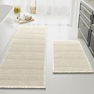 Waffle Bath Mat Super Absorbent Bathroom Mats Non Slip Bath Rugs for Bathroom Floor Machine Washable Ultra Soft Bathroom Rugs for Beside Tub, (32 x 20 Plus 24 x 60 - Inches, Ivory)