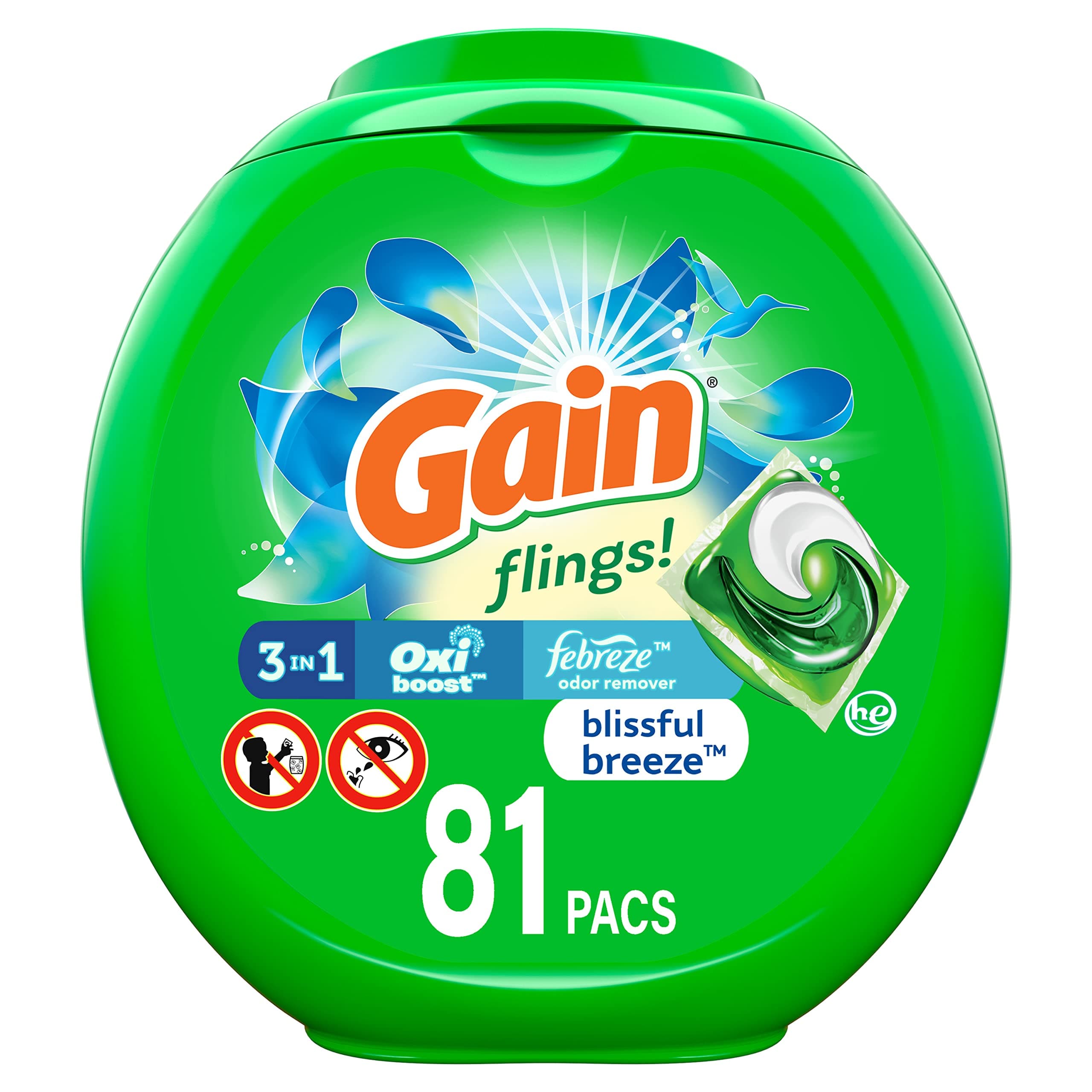 Gain Flings Laundry Detergent Soap Pacs, Blissful Breeze, 81 Count