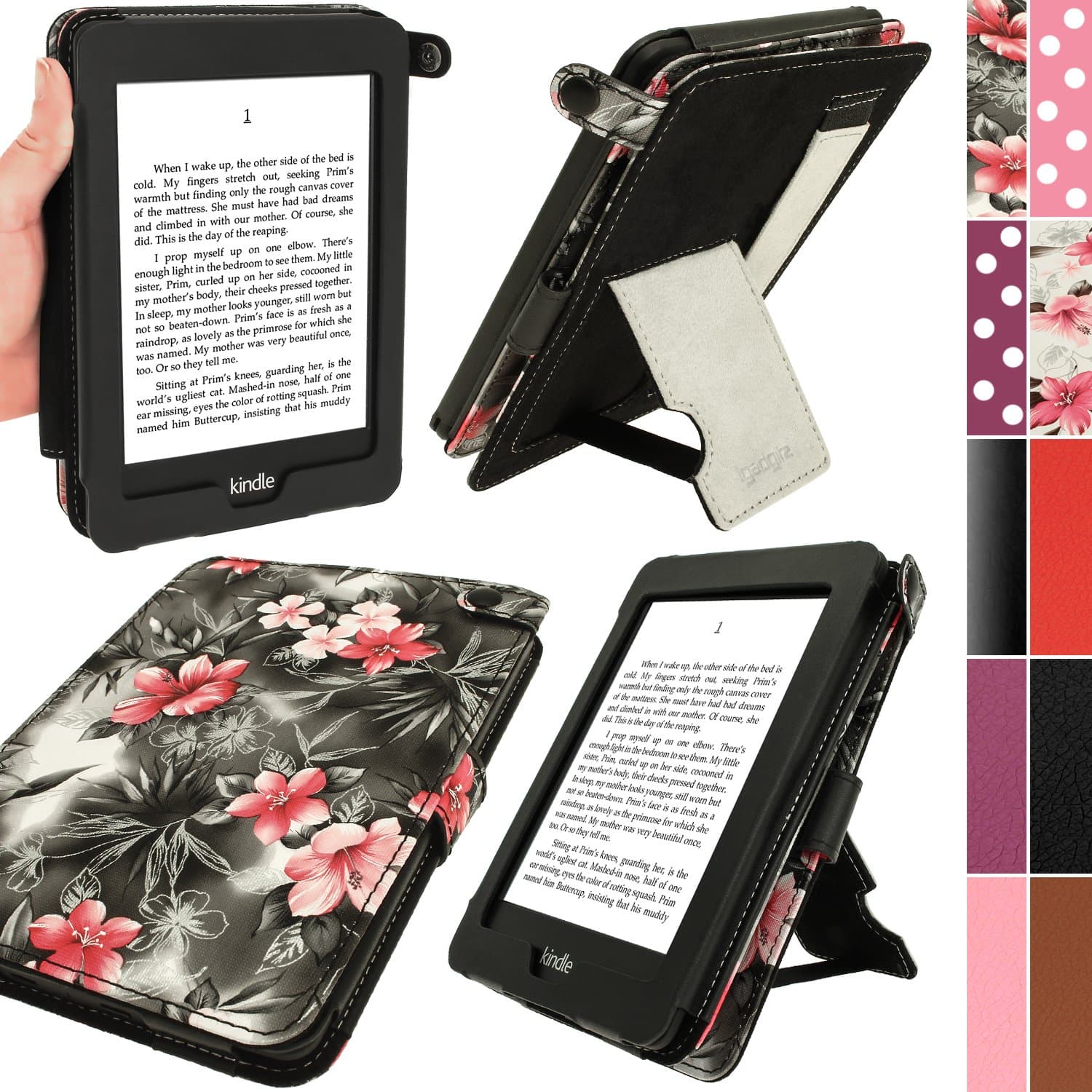 Pink on Black 'Bi-View' Textured Finish PU Leather Case Cover for Amazon Kindle Paperwhite 2015 2014 2013 2012 with Sleep/Wake Function & Integrated Hand Strap