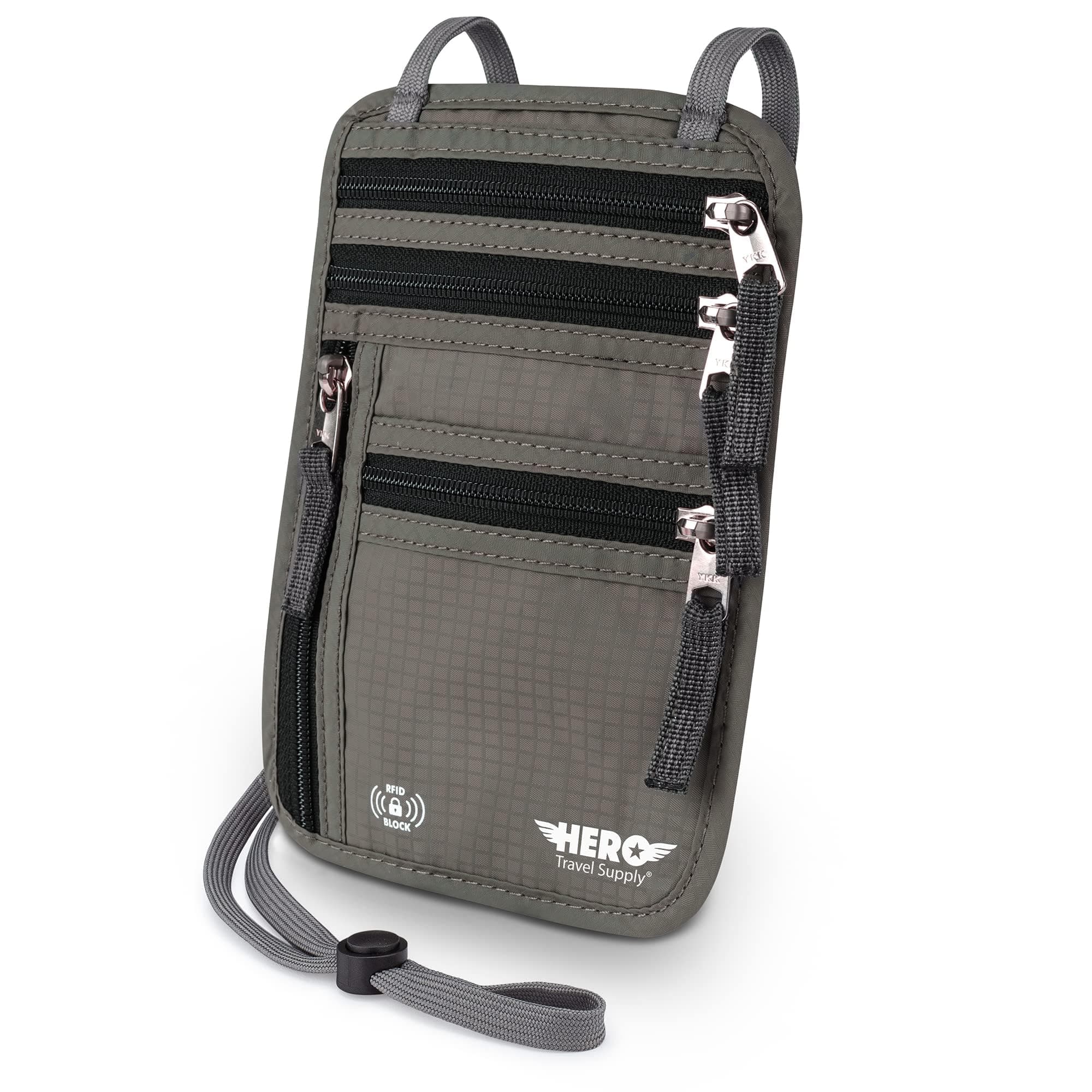 HERO Neck Wallet - RFID Blocking Passport Holder, Easy to Conceal and Pouch (Army Grey)