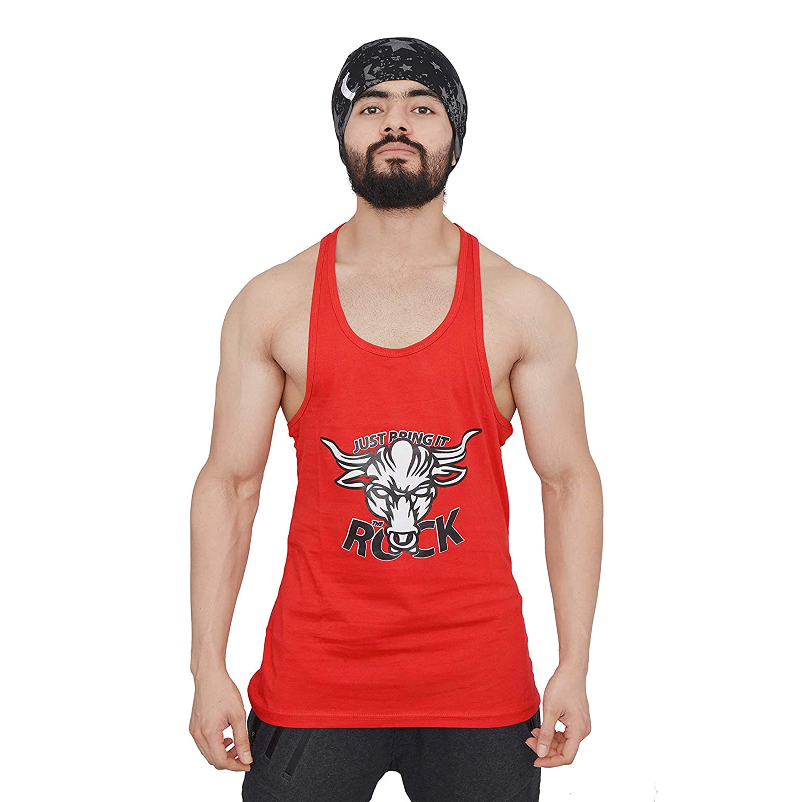Anax Aesthetics X Dwayne Johnson 100% Cotton Grafiko JUST Bring IT The Rock Sleeveless Gym Stringer Vest for Men