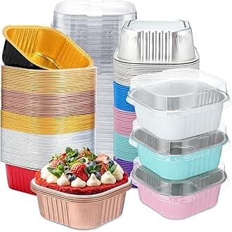 150 Pieces 10 oz Mini Cake Pans with Lids Aluminum Foil Baking Cups Square Disposable 4" x 4" Large Cupcake Cups Baking Tins for Kitchen Brownie Pudding Desserts Holders(Colored)