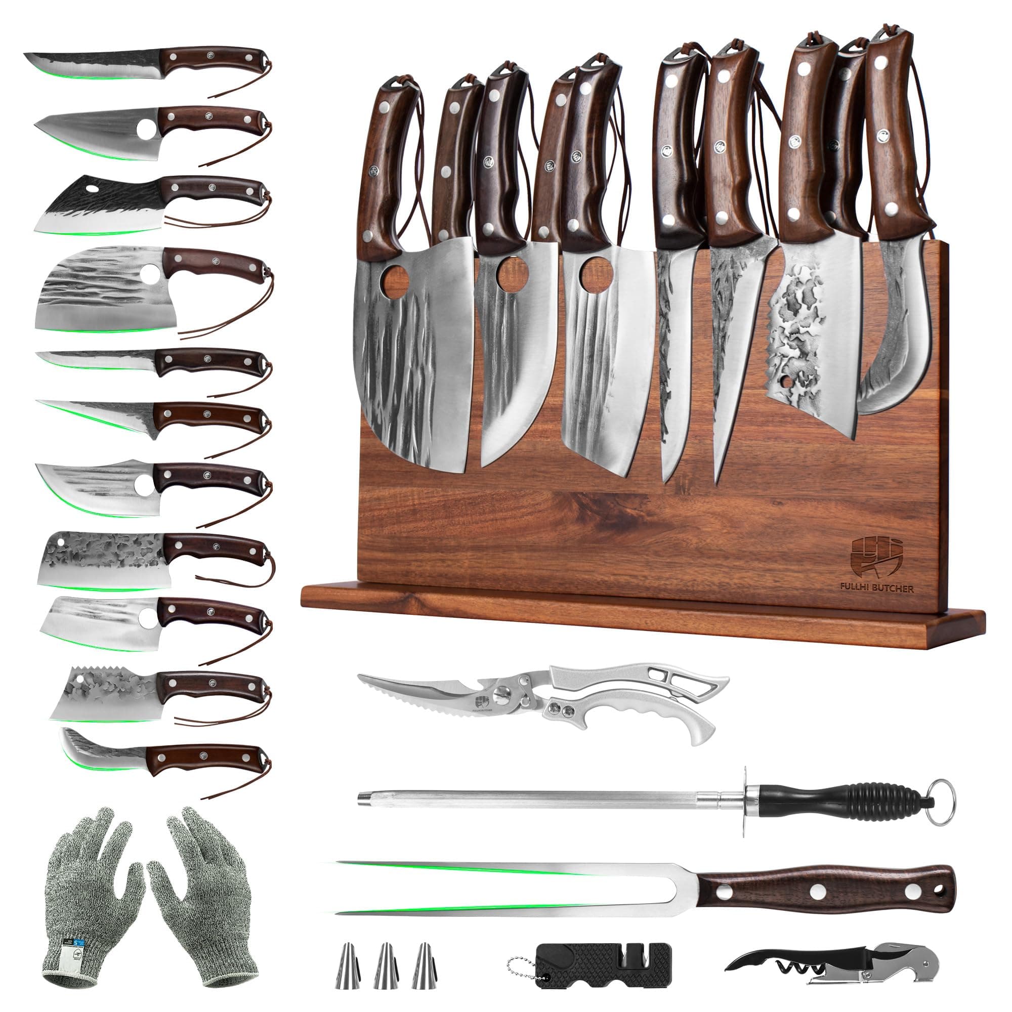 FULLHI 19pcs Butcher Chef Knife Block Set with Meat Fork Scissors Knife Holder, High Carbon Steel Full Tang Cleaver Kitchen Knife Set for Home, BBQ, Camping