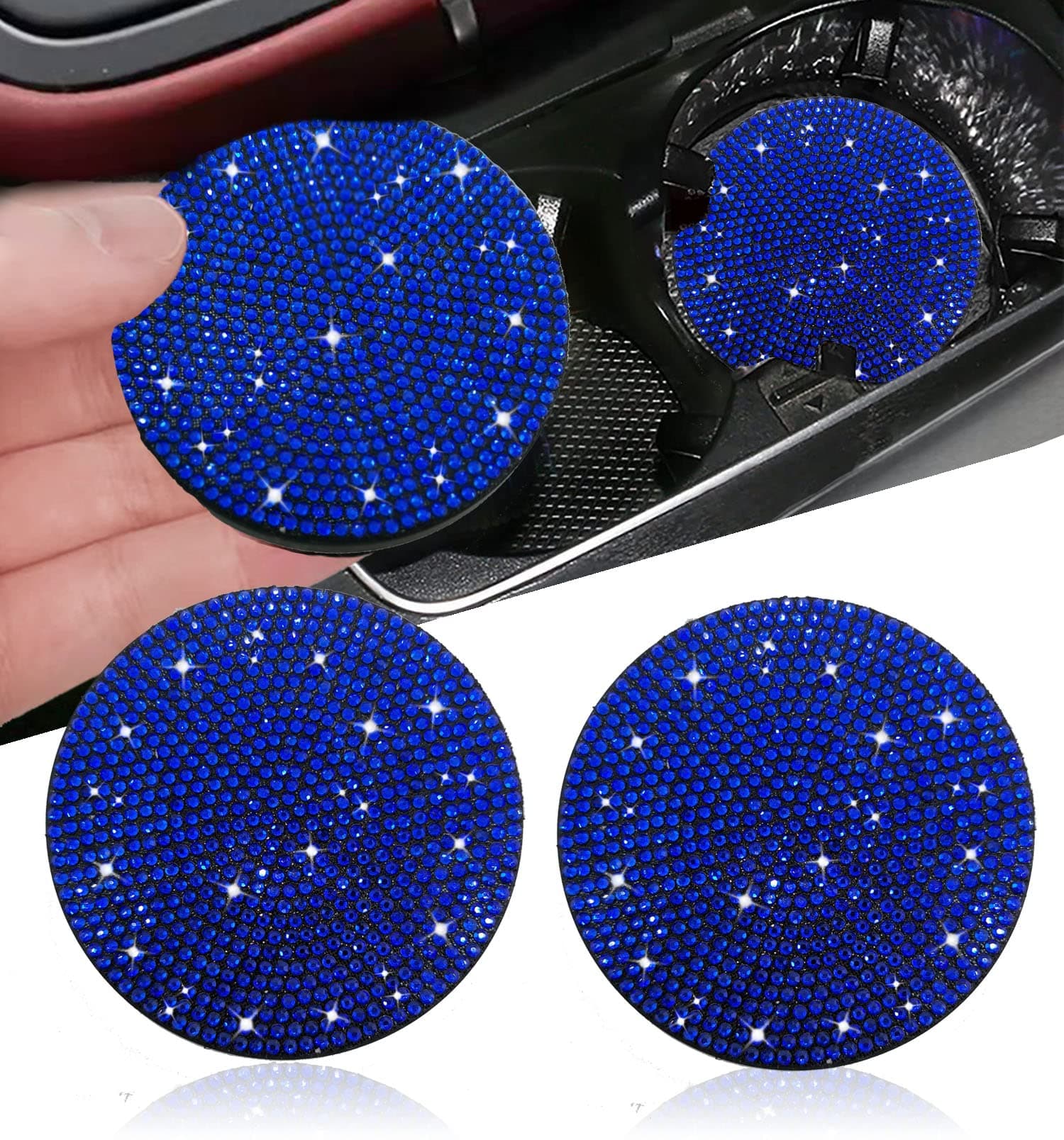 NBTEPEM 2pcs Bling Car Cup Holder Coaster, 2.75 inch Anti-Slip Shockproof Universal Fashion Car Coasters Insert Bling Crystal Rhinestone Automotive Interior Accessories for Women (2 pcs, Blue)