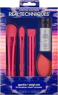 REAL TECHNIQUES Techniques Limited Edition Sparkle + Sleigh Makeup Brush & Sponge Kit, Spone Blender Face Brushes For Flawless Finish, 5 Piece Gift Set, Pink