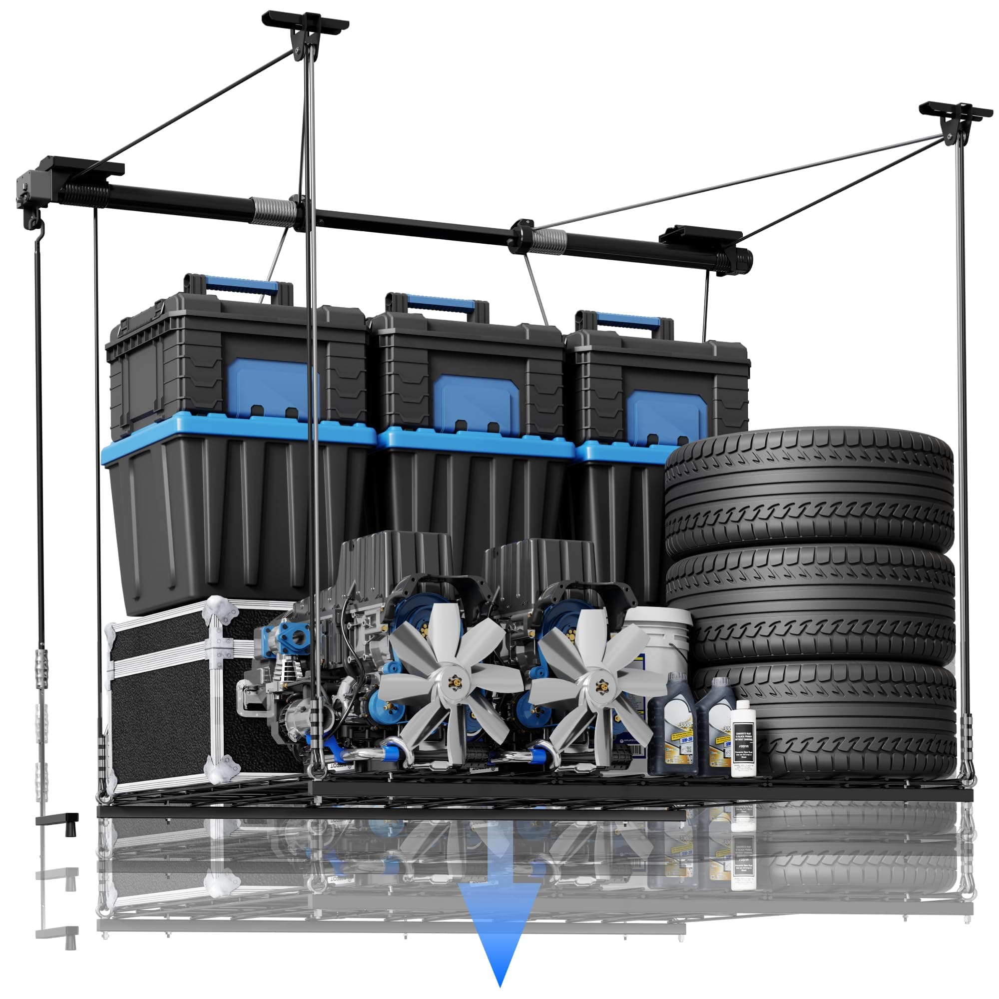 GL1 Overhead Garage Lifting Storage Rack, 4x4 Ft Heavy-Duty Metal Garage Ceiling Rack, Adjustable Organization System With 71''L Axle, 350lbs Weight, Black