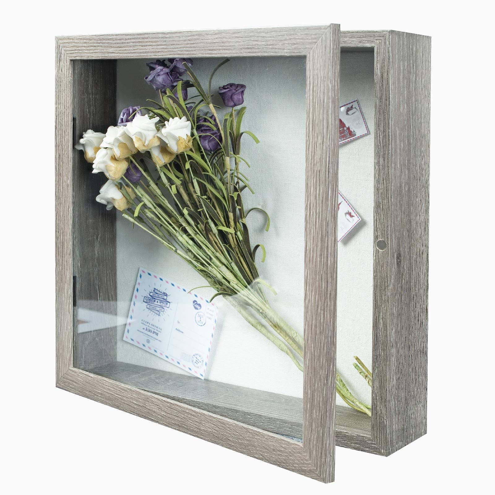 Muzilife 11x11 Shadow Box Picture Frame - 2.16" Deep Wood & Glass Display Case Ready to Hang Memory Box Baby Sports Memorabilia, Wedding, Tickets, and Photos (Texture Gray)