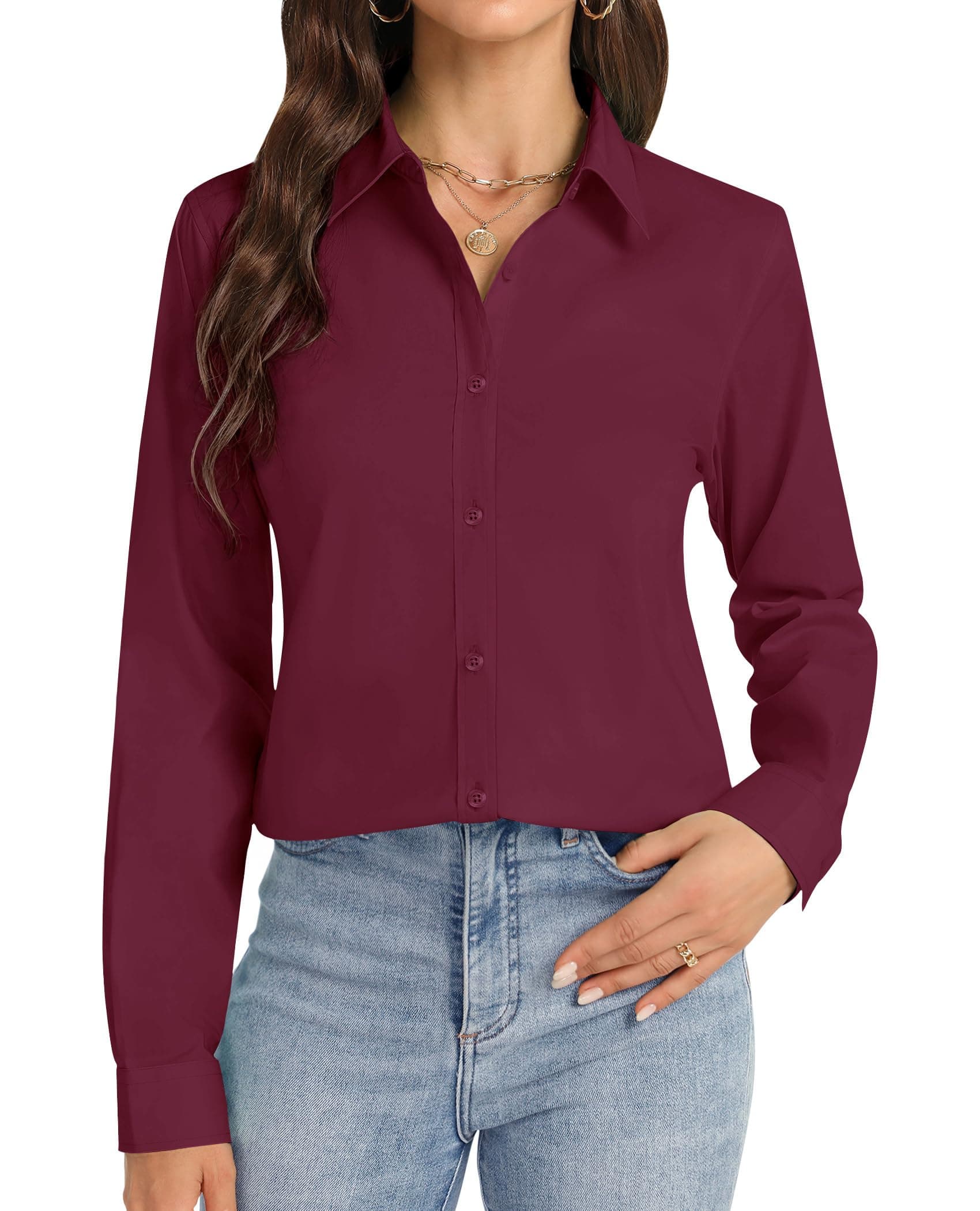 J.VER Womens Button Down Shirt Long Sleeve Dress Shirts Stretch Solid Work Blouse