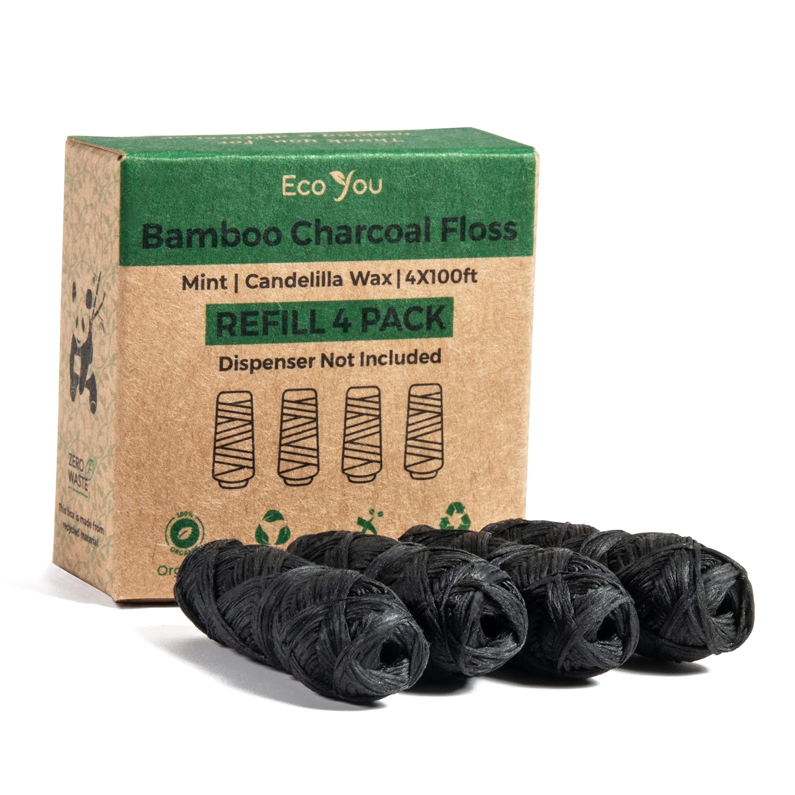 EcoYou Bamboo Dental Floss Refill - 4X99 FT Biodegradable, Mint & Candelilla Wax, Charcoal Eco Floss