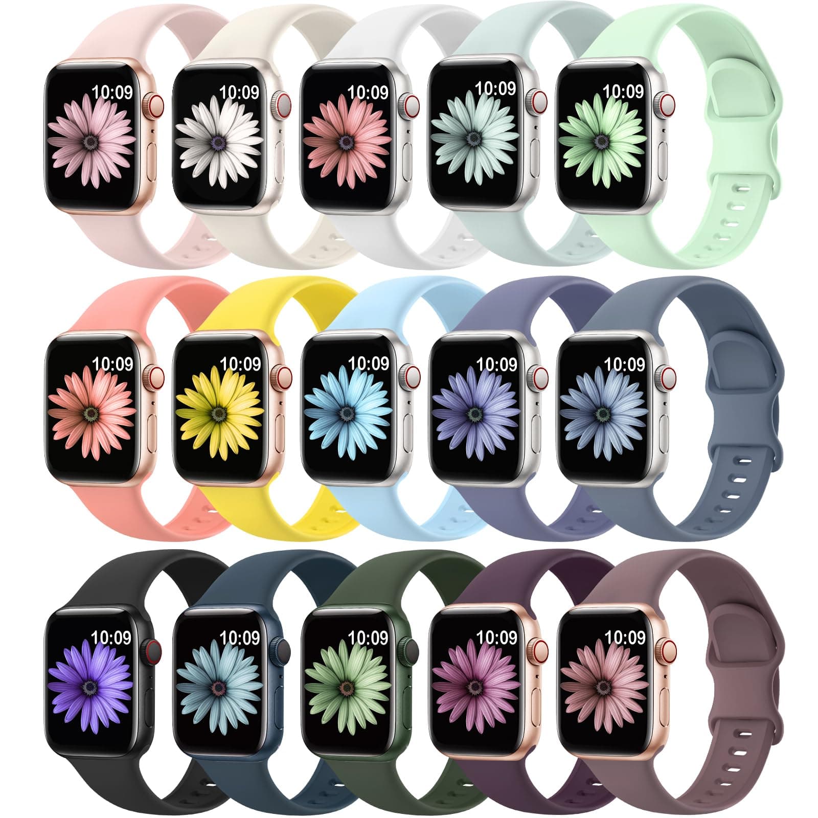 15 Pack Soft Silicone Bands Compatible with Apple Watch Band 40mm 41mm 38mm 45mm 44mm 42mm 46mm 49mm for Women Men,Sport iWatch bands Replacement Strap Wristbands for iWatch SE Series 10 9 8 7 6 5 4 3