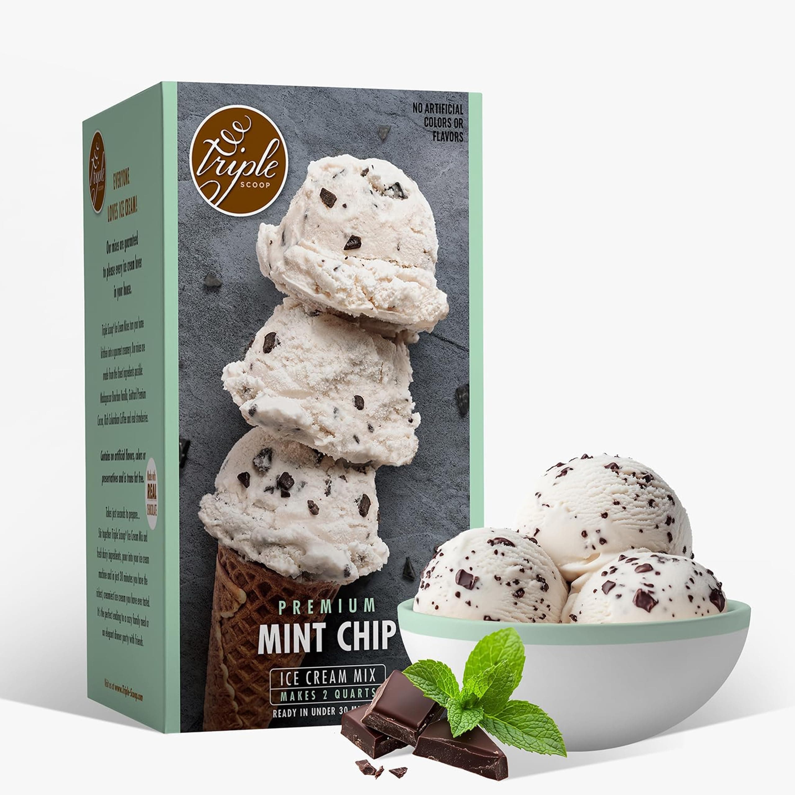 Triple Scoop - Premium Mint Choc Chip Ice Cream Mix For Ice Cream Maker. Simple, Easy, Delicious. From Gourmet Mix To Maker in 5 Min, Makes 2 Creamy Qrts, Made in USA (1 Pack, Mint Choc Chip)