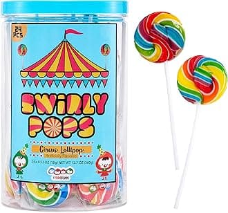 24 Circus Rainbow Lollipops Individually Wrapped, Bursting with Fruity Flavor, Great Swirl Lollipops for Kids Birthday Parties, Party Favor Candy and Cake Toppers, By 4YoreElves (Pack of 24)