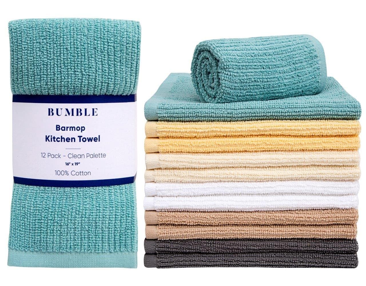 Bumble 12-Pack Antimicrobial Barmop Kitchen Towels / 16” x 19” / 40 x 48 cm Premium Kitchen Dish Towels/Super Absorbent Heavy Weight Cotton/Ribbed Weave (Clean Palette)
