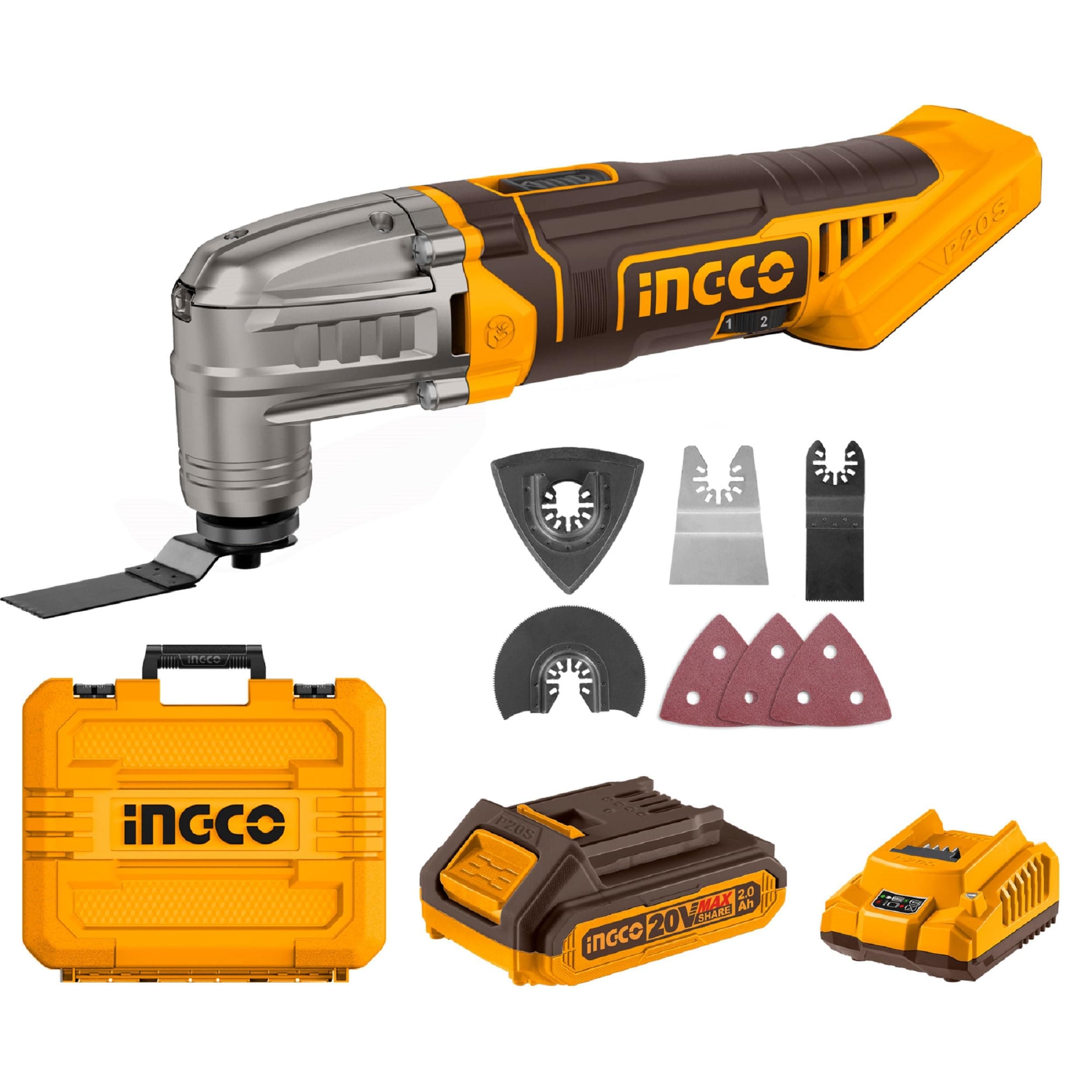 Cordless Multi Tool with 1pcs 2.0Ah Battery and Charger, 5000-20000 RPM, 6 Variable Speed,3.2° Oscillation Angle, 20V Oscillating Multi-Tool for Sawing, Cutting, Sanding CMLI20228