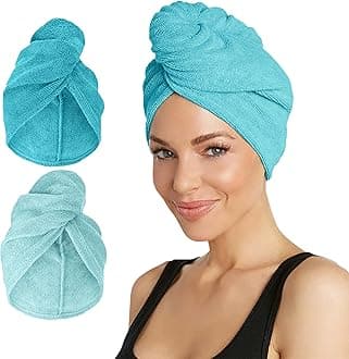 2-Pack Microfiber Hair Towel for Beauty, Travel, Gifting - Hair Wrap Turban for Straight, Wavy & Curly Hair - Premium Personal Care - Dark Aqua & Light Aqua