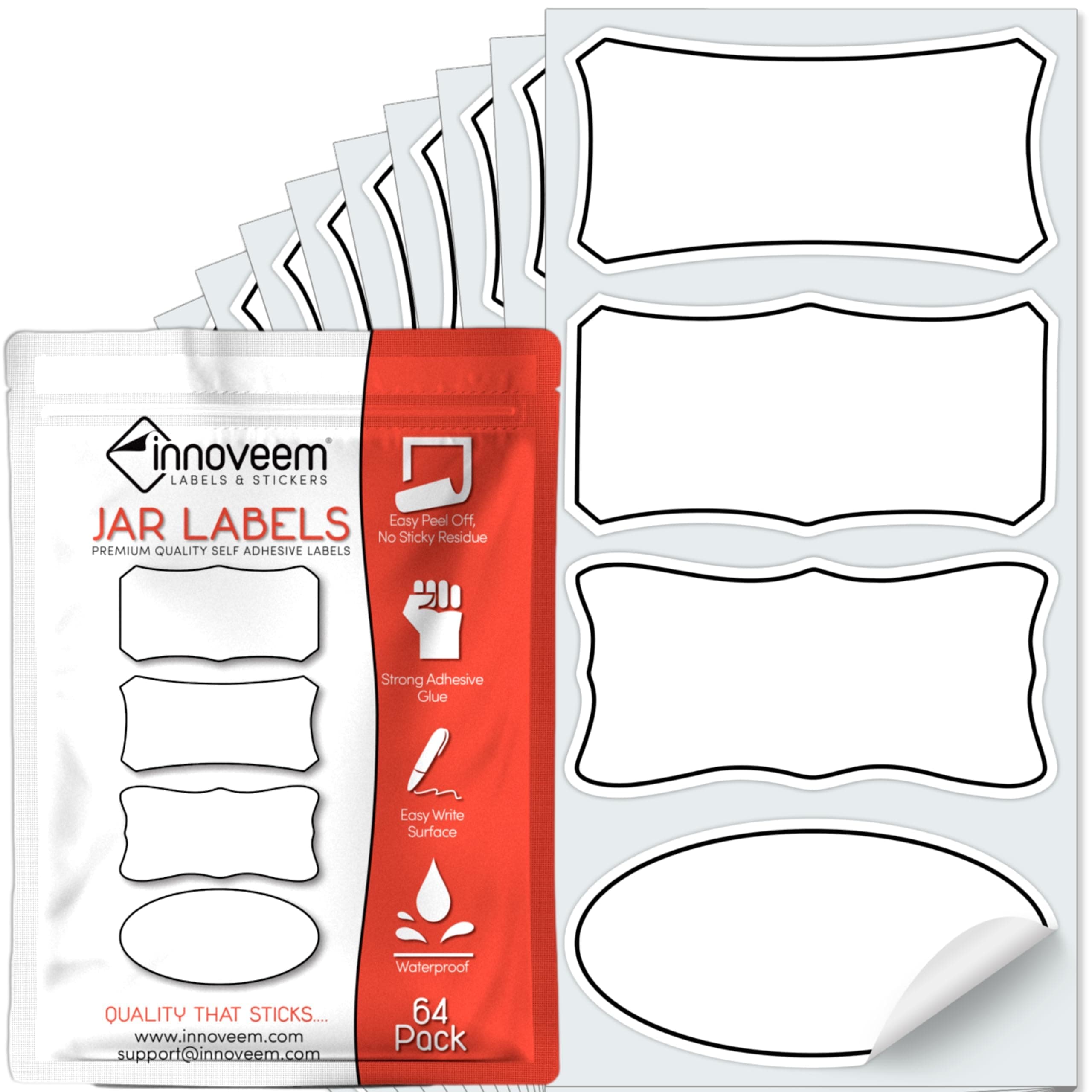 Jar Labels 64 Pack Waterproof, Removable, Self Adhesive - Easy Peel Off, Blank Sticky Storage Labels for Jars, Jam, Chutney, Bottle Tags, Reusable Food Container & Kitchen Stickers by Innoveem