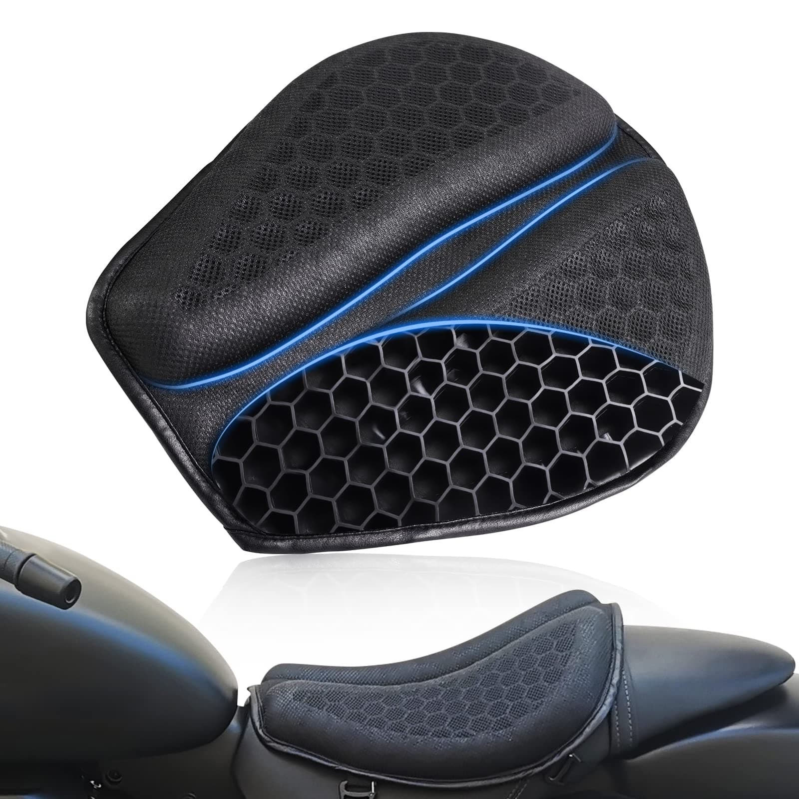 Foldable Motorcycle Gel Seat Cushion, Large 3D Honeycomb Structure Shock Absorption & Breathable Seat Pad for Long Rides (L)