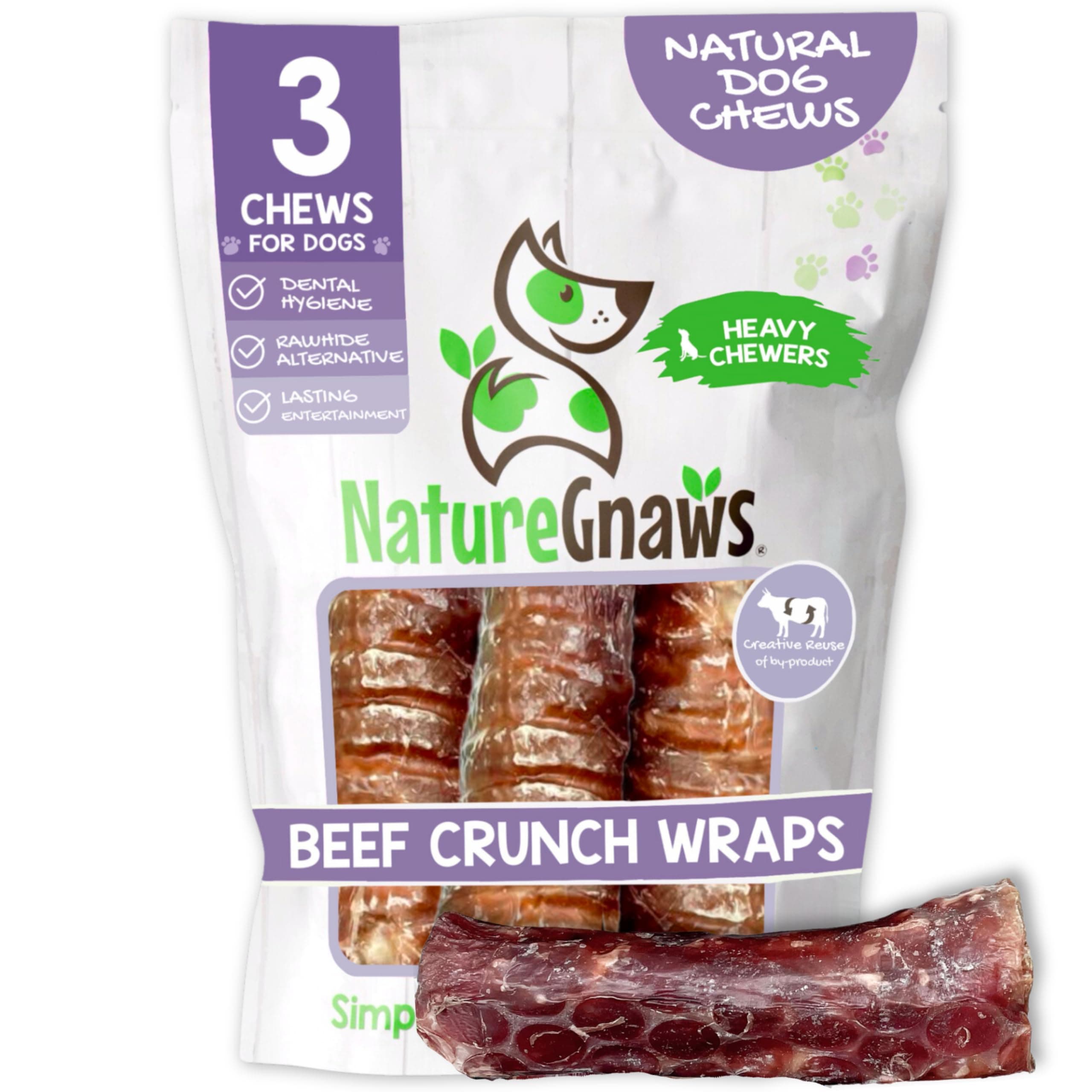 Nature Gnaws Beef Trachea Crunch Wraps for Dogs (3 Count) - Long Lasting Natural Beef Jerky Dog Chew Bones - Rawhide Free
