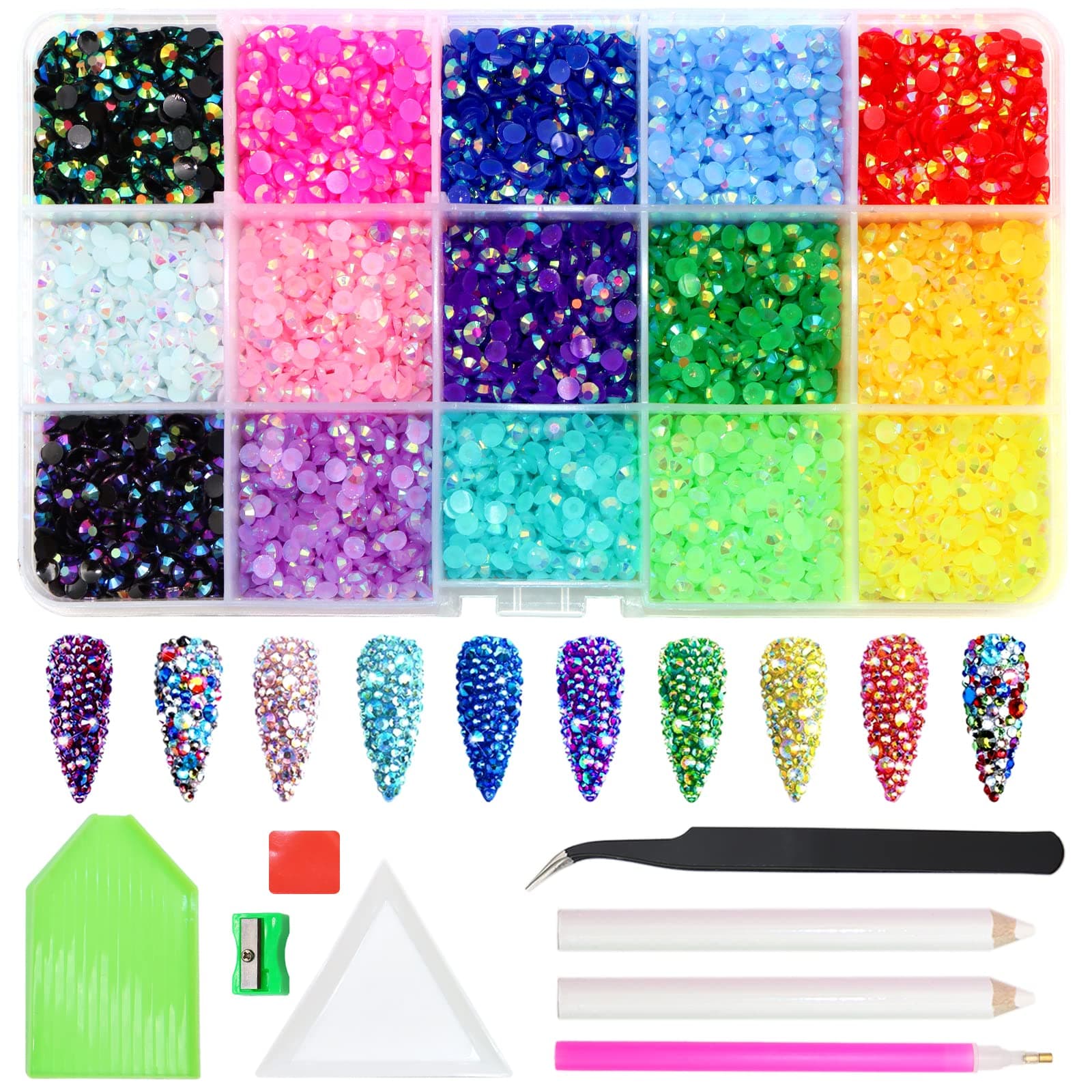 9000pcs Flatback Rhinestones, ZYNERY 15 Mixed Color Flat Back Gems Round Shape Crystals Rhinestones for Crafts Nail Face Art Shoes Diamond Painting with Storage Box/Tweezers/Drill Pen (4mm)