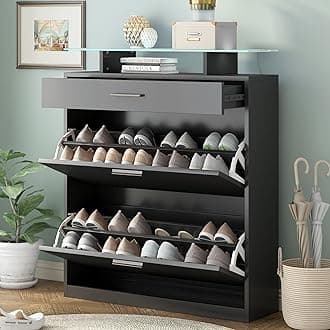 Wood Shoe Cabinet with 2 Flip Drawers, Modern Free Standing Shoe Racks Storage Cabinet with Glass Top&LED Light, Slim Entryway Storage Organizer for Hallway/Bedroom (Black-2)