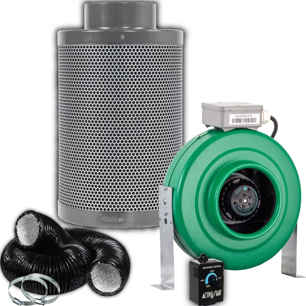 Active Air 6 inch 400 CFM Inline Duct Fan, Growers House 6" Carbon Filter and 1 Pre-Filter | Free 25 Feet Lightproof Ducting and Active Air Controller Combo for Quiet Grow Tent Ventilation