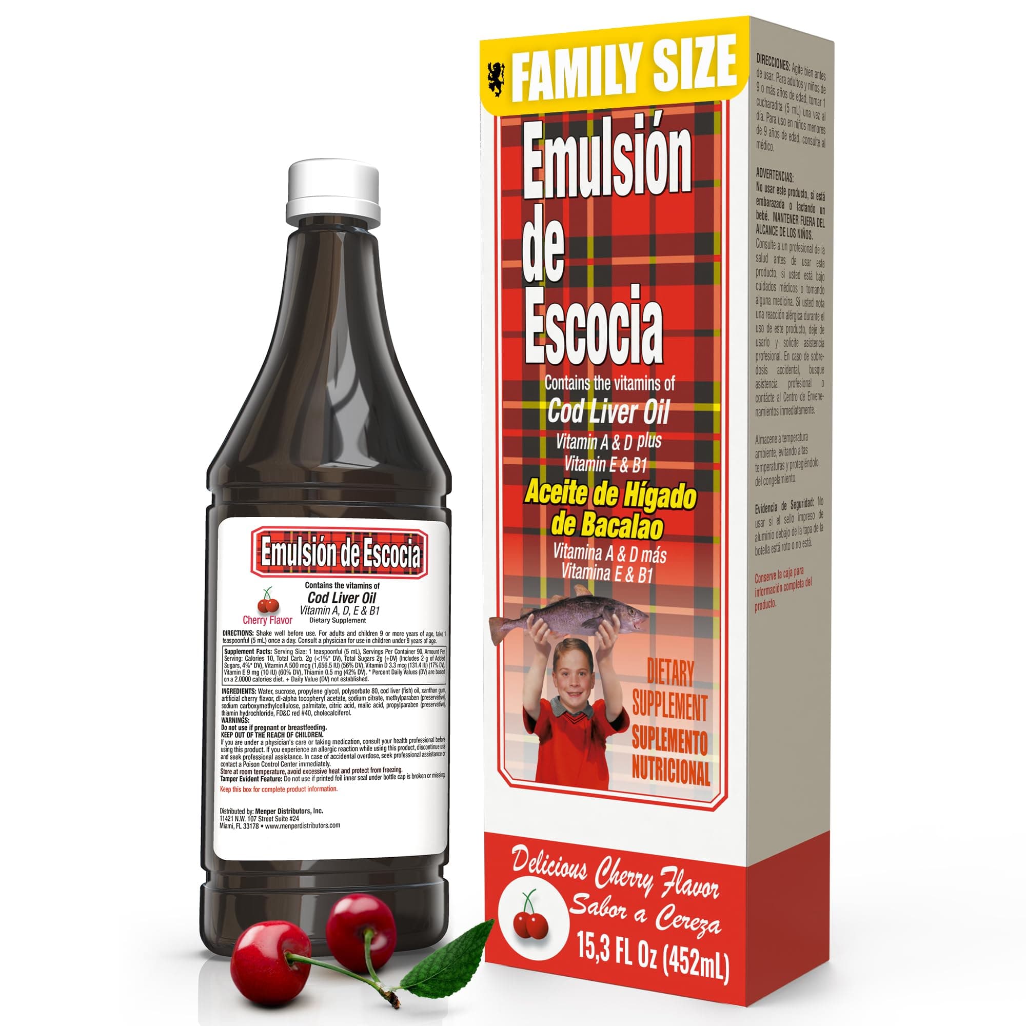 Emulsión de Escocia with Cod Liver Oil – Cherry Flavor – Vitamins A, D, E & B1 for Immune and Liver Support – Liquid Supplement for Kids – 15.3 Fl Oz | 1-Pack