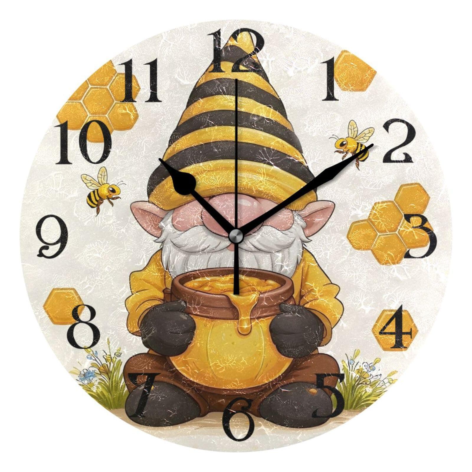 Gnome Honey Bee Honeycomb Wall Clock Silent Non Ticking Kitchen Clock 9.5 Inch Round Bathroom Clock Battery Operated Quartz Analog Decorative Desk Clock Living Room Decor