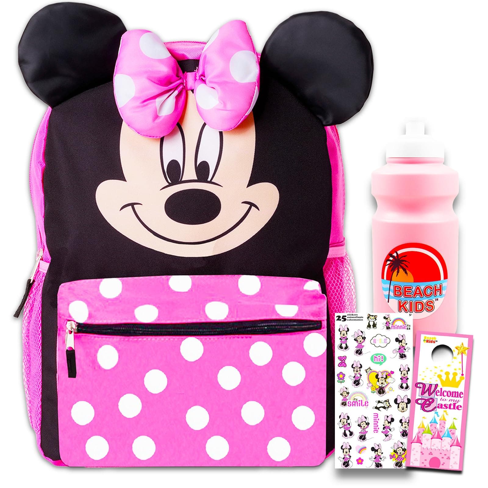 Minnie Mouse School Backpack Set - 14" Minnie Backpack, Minnie Stickers, Water Bottle, More | Minnie Mouse School Supplies for Kids Bundle