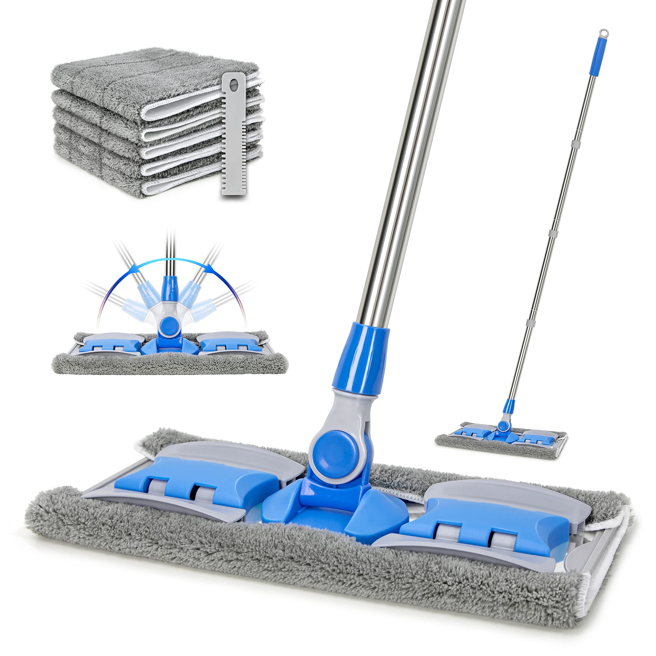 Professional Microfiber Hardwood Floor Mop, Flat Mops with 5 Pieces Reusable Washable Pads for Home and Office Wet or Dry Floor Cleaning (Sky Blue)