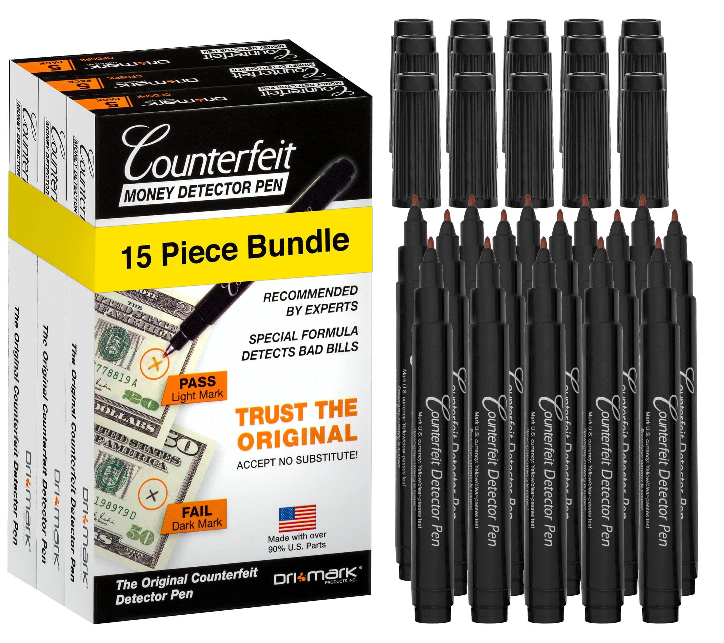 15 Pack Counterfeit Bill Detector Marker Pen, Made in The USA, 3 Times More Ink, Pocket Size, Fake Money Checker - Money Loss Prevention Tester & Fraud Protection for U.S. Currency (CFD15PK)
