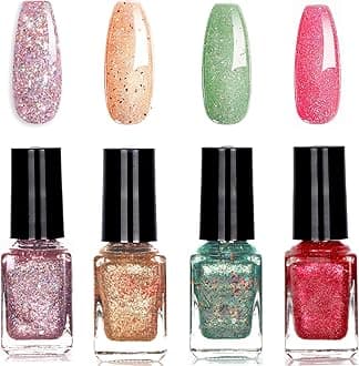 Glitter Nail Polish Set - Nail Varnish Quick Dry - Shiny Sparkly Glitter Nail Polish Set - Pink Gold Red Green 4 Colours Nail Art Manicure Varnish Set