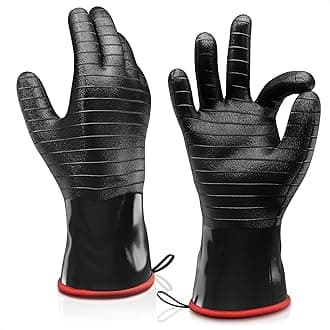 Heat Resistant BBQ Gloves, Long Sleeve, Textured Grip to Handle Wet, Greasy or Oily Foods Fire and Food Safe Turkey Fryer Oven Mitts for Smoker, Grills and Barbecue (Medium 18")