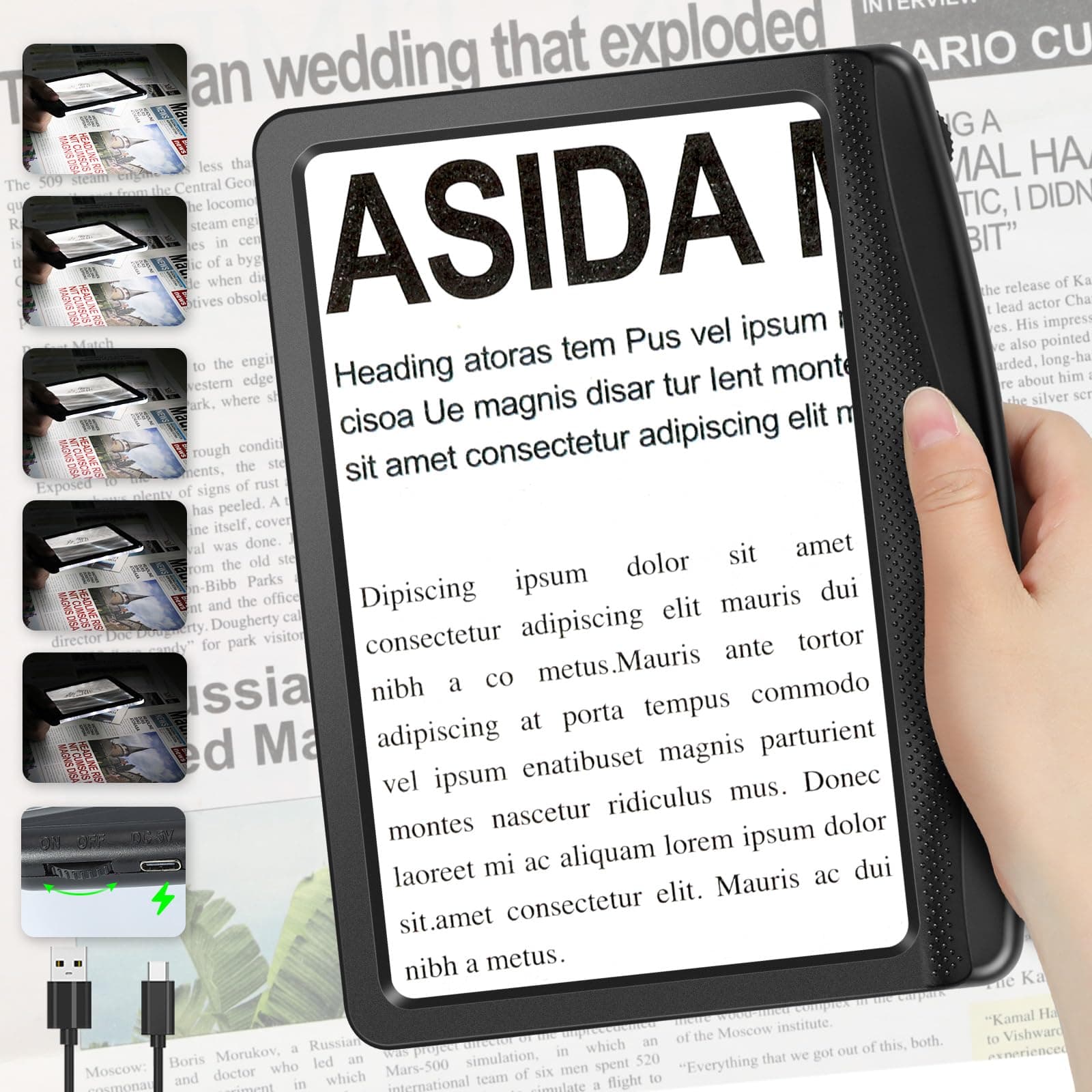 5X Rechargeable Magnifying Glass for Reading, Full Page Magnifier with Dimmable LED, Lightweight HandHeld Magnifying Glass with Light for Reading Books, Newspaper, Small Print for Seniors