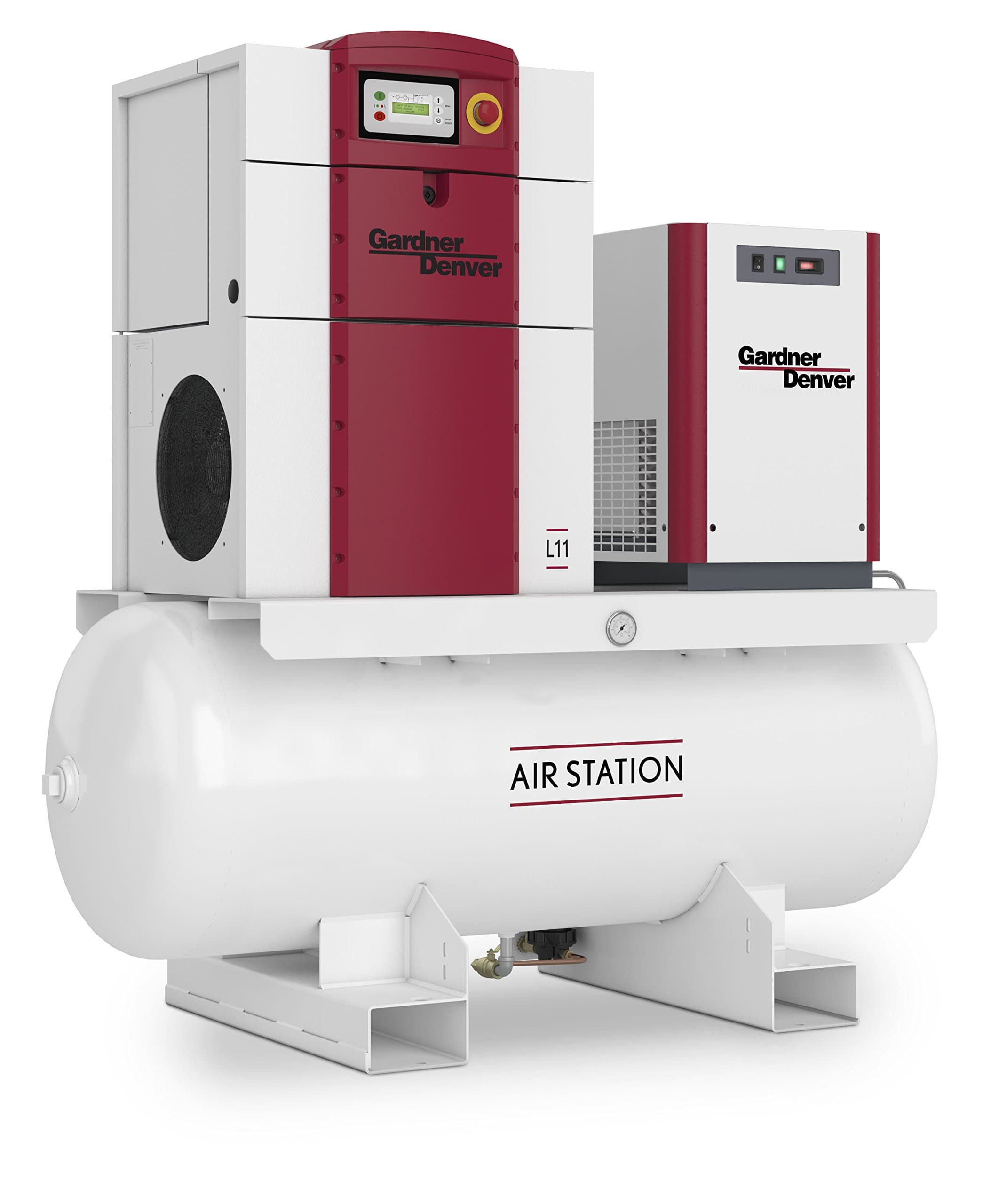 Gardner Denver L-Series 15 HP Rotary Screw Compressor Mounted on a 120 Gallon Receiver Tank, 460V/3 Phase, 56.1 CFM Maximum Flow Rate