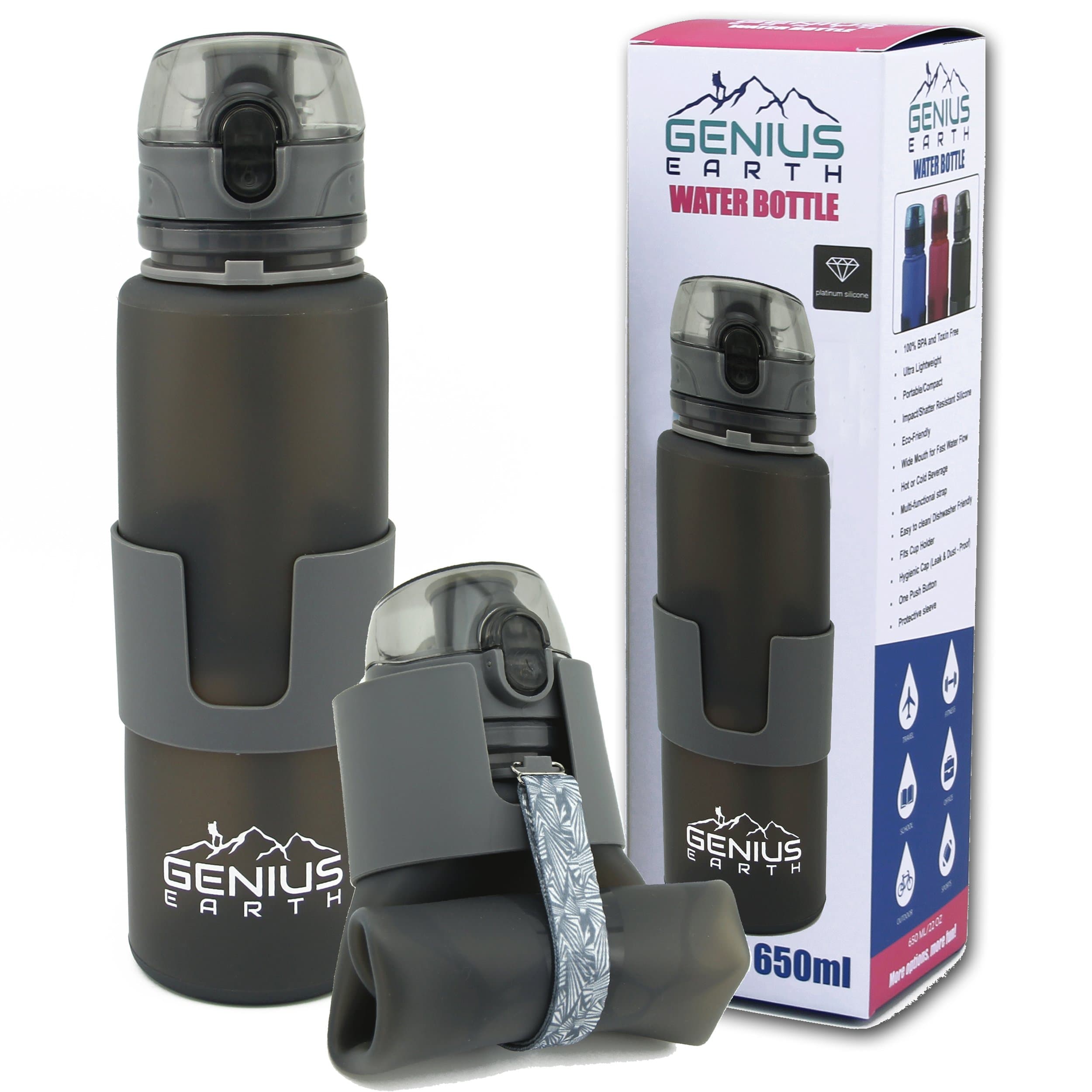 Genius Earth Foldable Water Bottle - Collapsible, Portable, Silicone Drink Bottle for Hiking, Sports & Travel. Lightweight, Reusable Bottles for Men, Women and Kids. BPA Free. 22oz