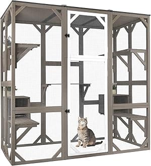 Outdoor Catio Cat Enclosure, Large Cat House with Multi-Level Platforms, Waterproof Roof, and Pull-Out Tray (71.45" L x 36.61" W x 70.86" H)