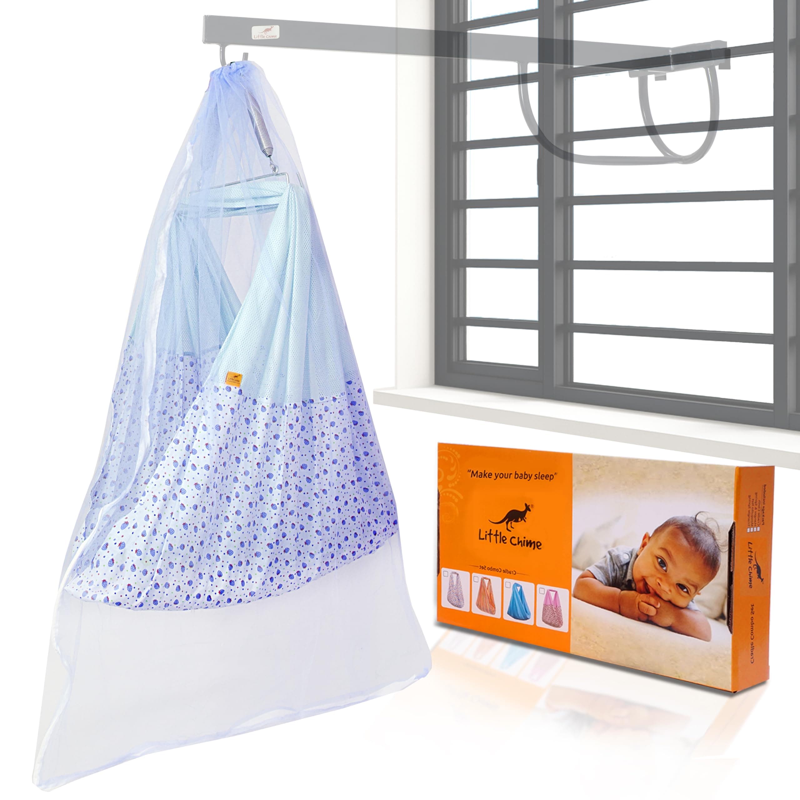 Ventilated Cradle (Jhula) comprising of Cradle Cloth with Spring, Hanger and Mosquito Net (Blue Cloth Spring)