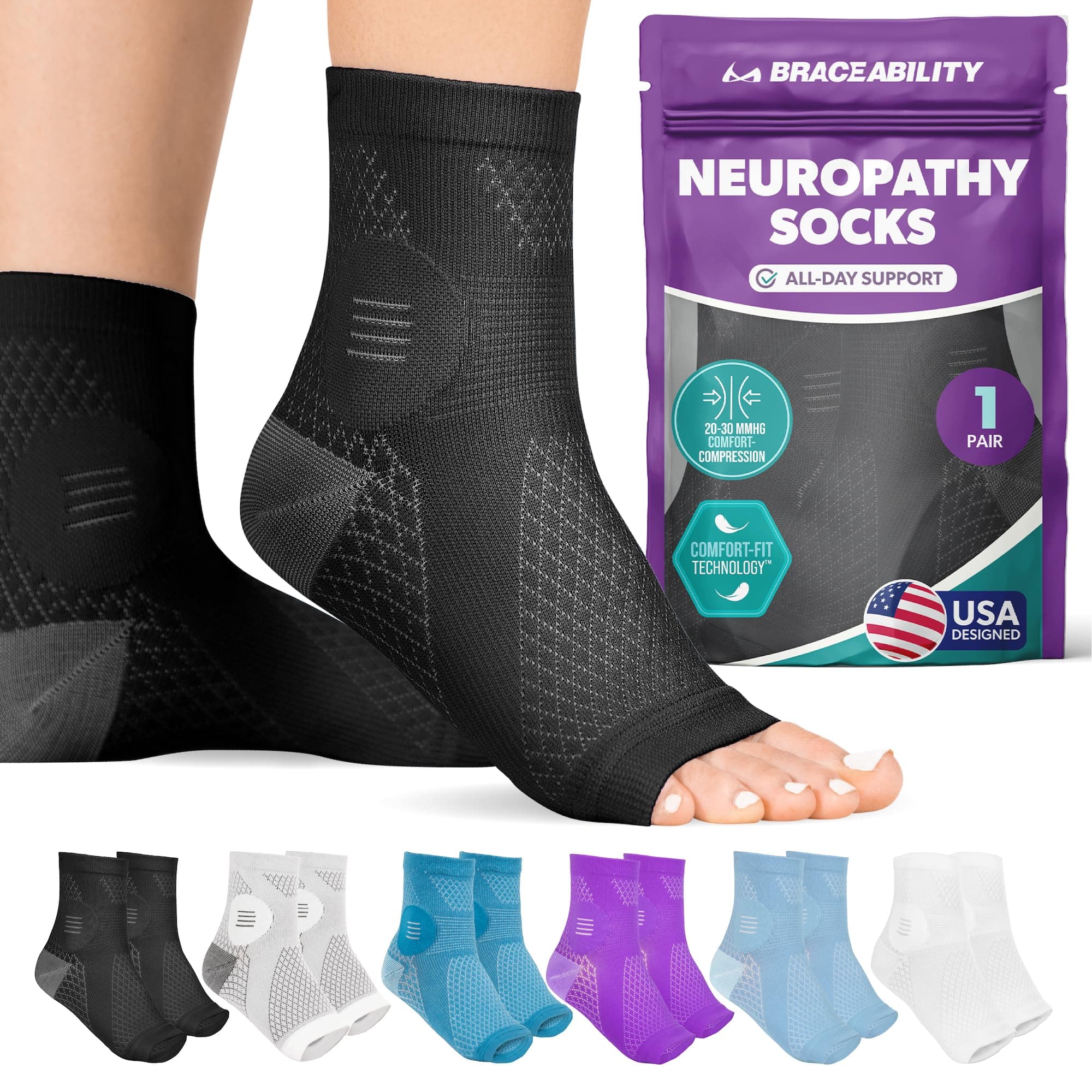 BraceAbility Neuropathy Socks (Pair) - Peripheral Neuritis Compression Diabetic Toeless Foot Sleeves for Nerve Damage Pain in Feet, Ankle Gout, Plantar Fasciitis Relief Brace for Men and Women (L - Black)