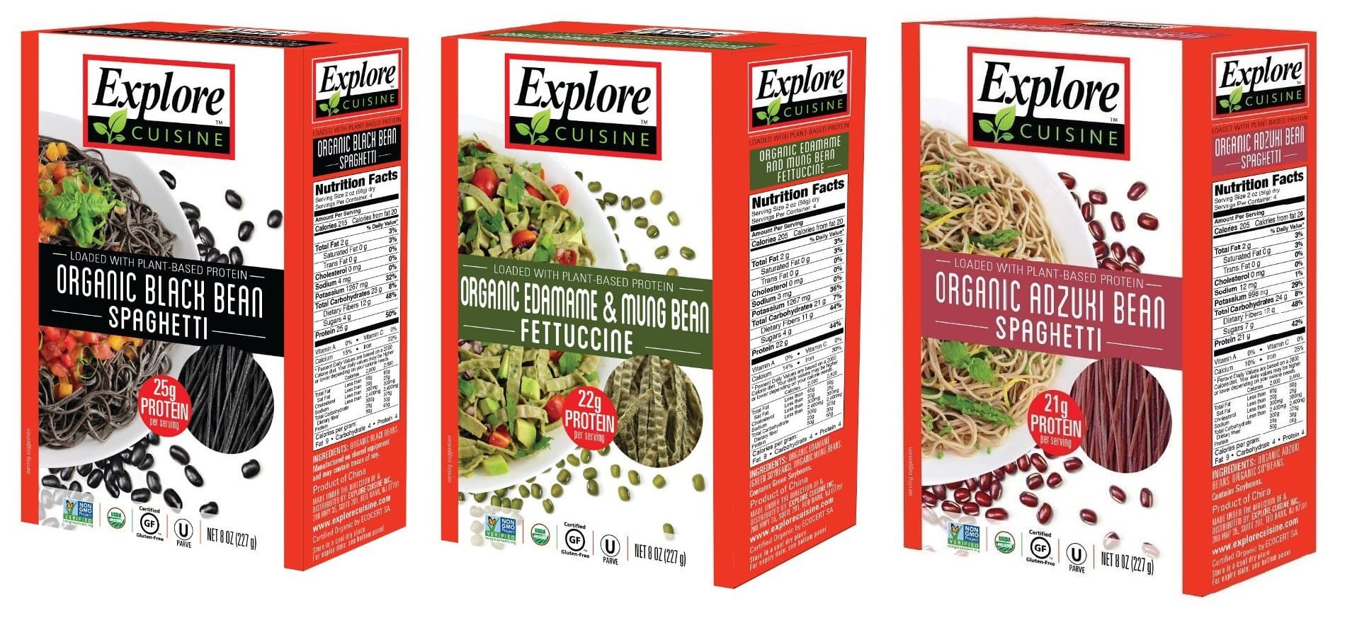 Explore Cuisine Organic Bean Pasta Variety Pack - Black Bean Spaghetti, Edamame & Mung Bean Fettuccine, Adzuki Bean Spaghetti - 1 Box Each, 8 oz - Gluten Free - 12 Total Servings
