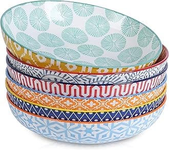 Porcelain 26 Ounce Pasta Bowls Set of 6, 8 inch Wide and Shallow Salad Bowls, Serving Bowls, Microwave & Dishwasher Safe, Sturdy & Stackable, Variety of Colors