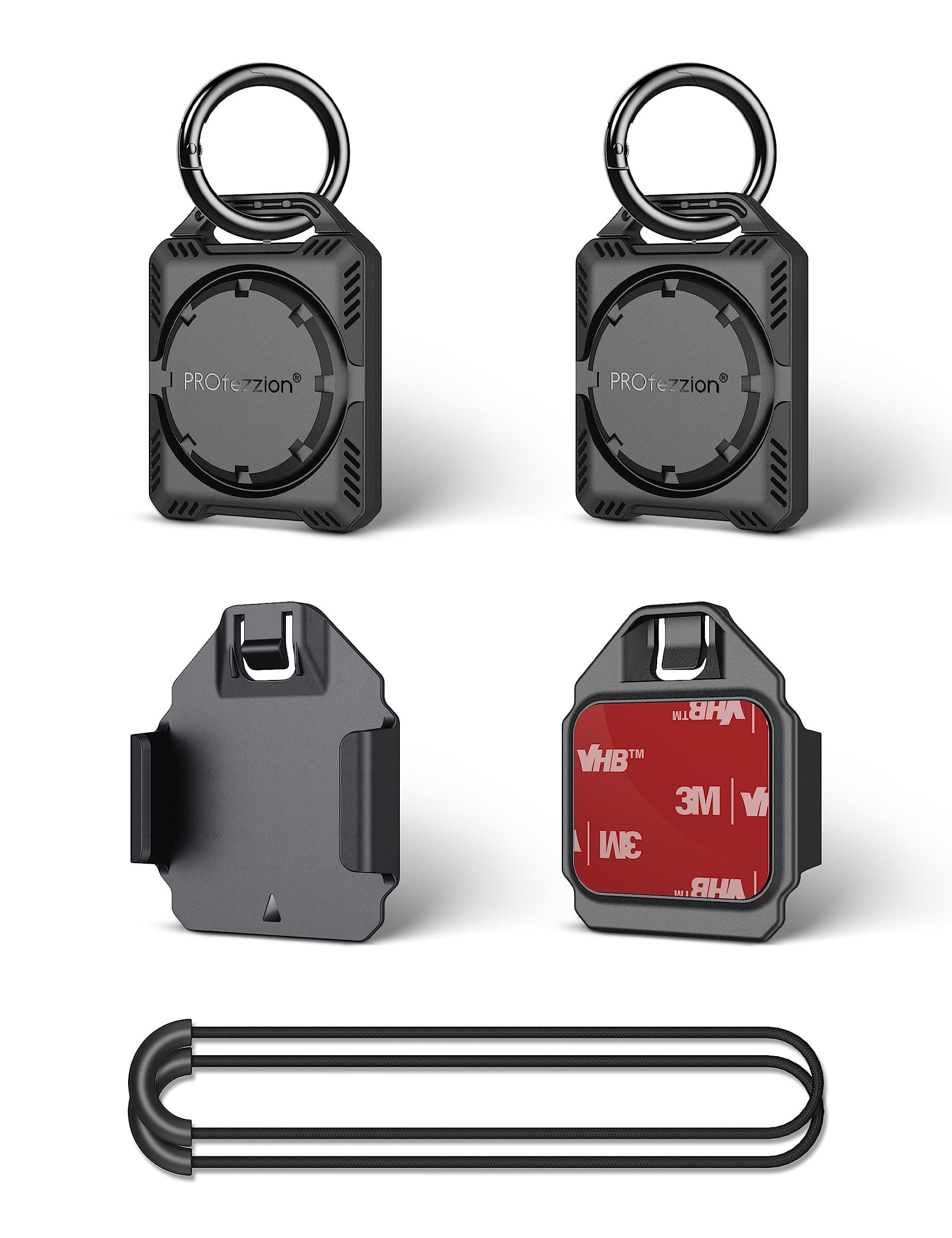 PROfezzion2-Pack for AirTag Holder Air Tag Case with Key Ring, Loop Strap and 3M Adhesive Mount for Keychain, Dog Collar, Kids, Bag, Bike, Car & More, IPX8 Waterproof, Full Cover & Discreet,BLACK